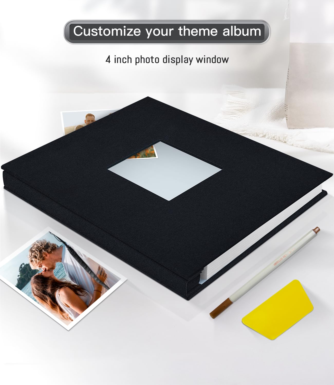 Popotop Photo Album Self Adhesive with Picture Display Window,40 Pages DIY Scrapbooking Supplies Kit for 4x6 8x10 Picture,Linen Cover Memory Book for Baby Wedding, with Scraper and Metallic Pen