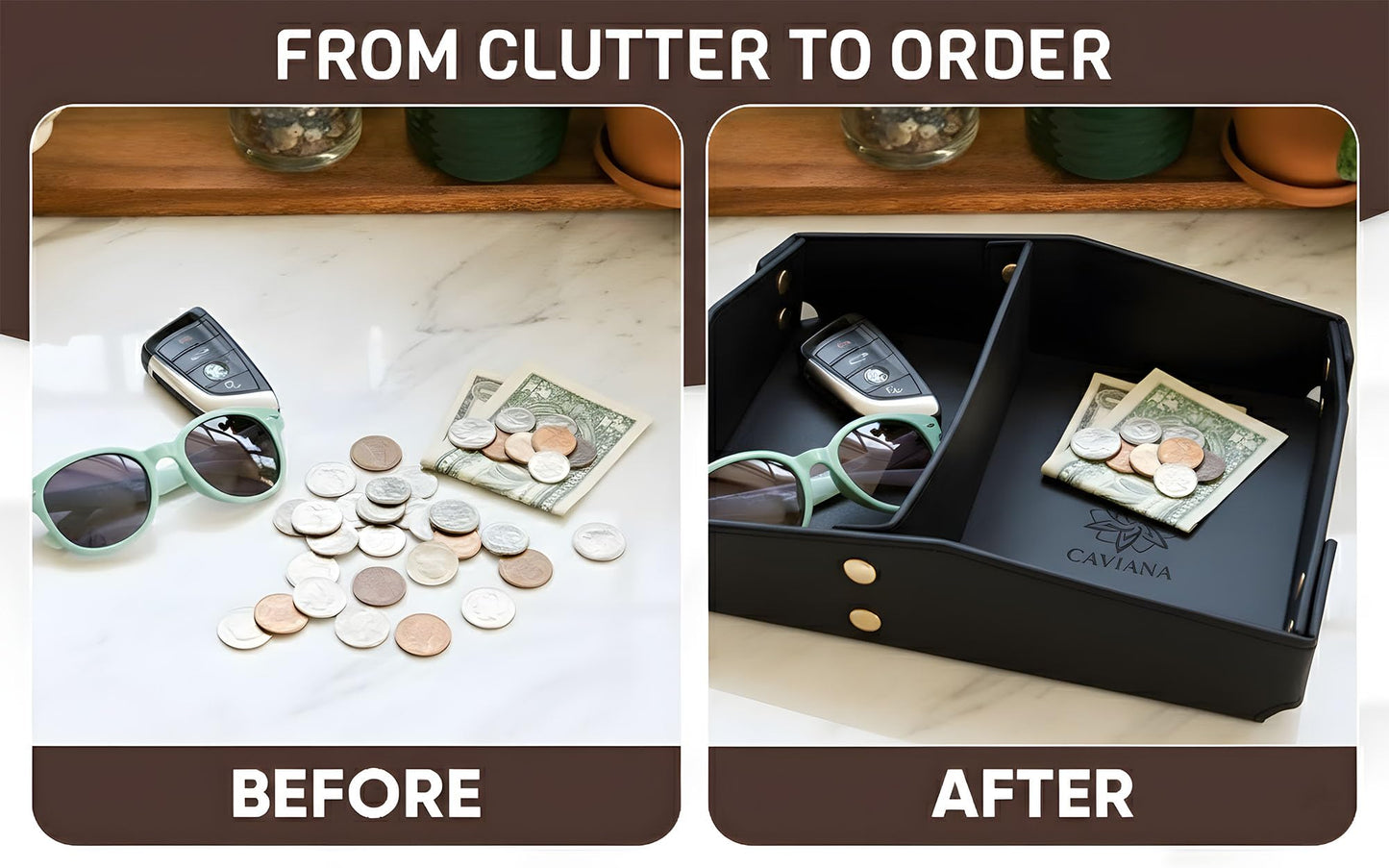 CAVIANA Valet Tray Organizer for Men & Women - PU Leather Catch All Tray with Removable Divider - EDC Storage for Keys, Watch, Phone - Nightstand, Dresser & Desk Organizer - Obsidian Black