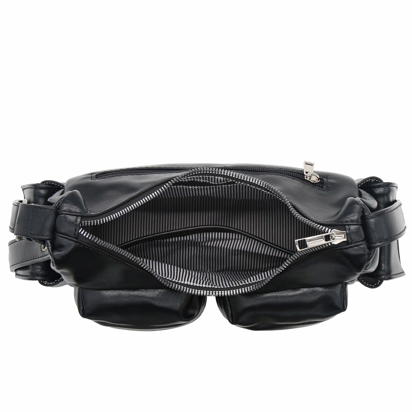 FashionPuzzle Glossy PU Leather Multi Pocket Shoulder Bag Hobo (Black)