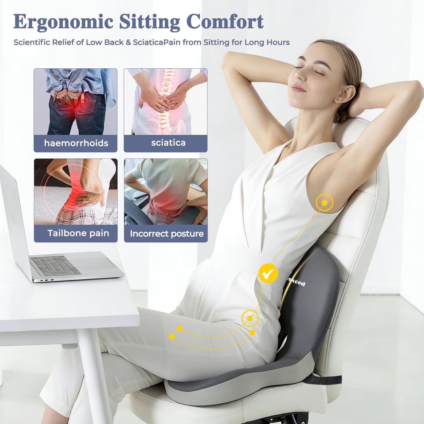 Mosxoed Memory Foam Seat Cushion for Sciatica & Back Pain Relief - Ergonomic Chair Pad with Adjustable Strap & Supportive Comfort Cover, Non-Slip for Car, Truck, Office Chair - Dark Gray&Light Gray