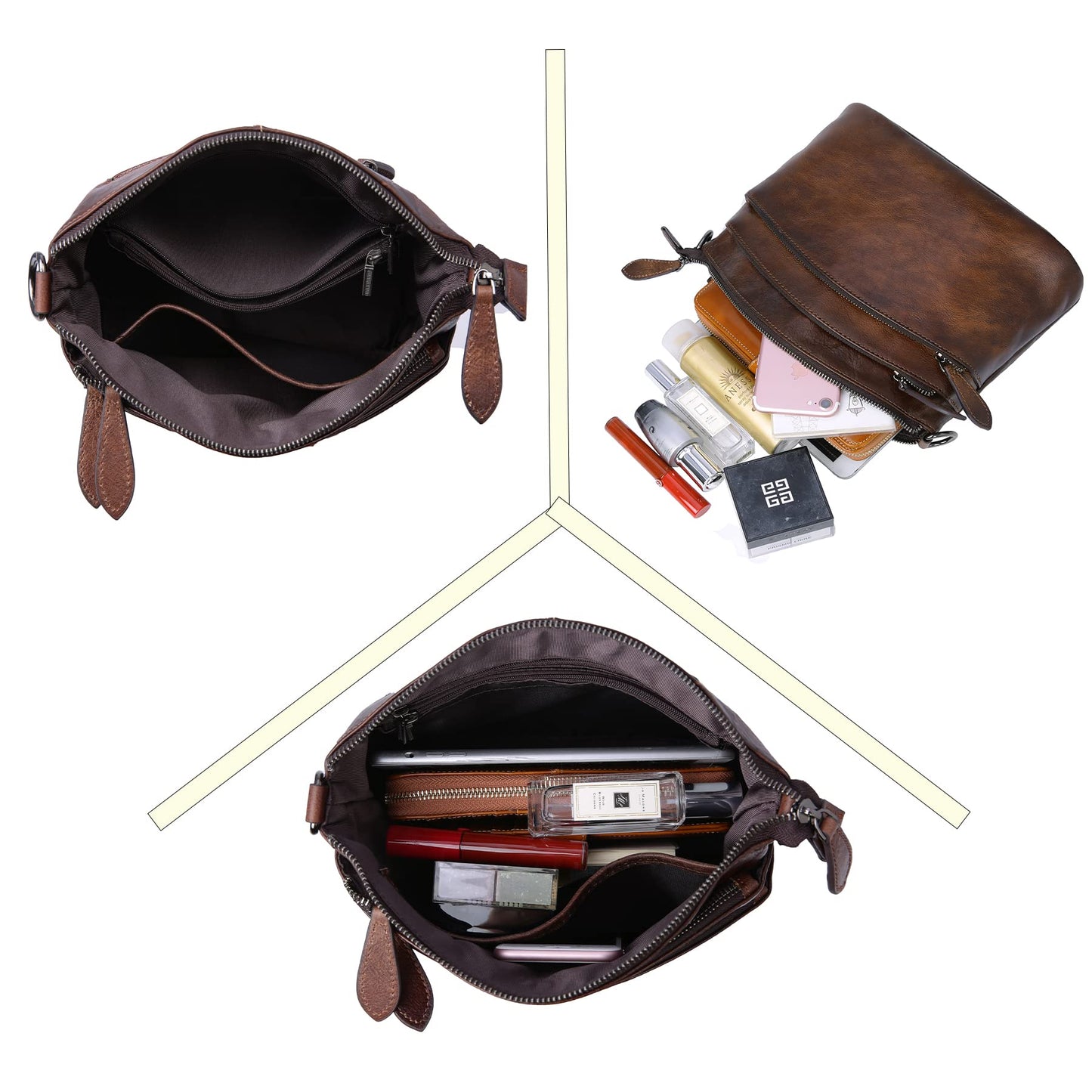 HESHE Crossbody Bags for Women Leather Purses with Multi-Pockets Vintage Cross-body Bag Ladies Small Satchel Shoulder Handbags Hobo Bag (Coffee)