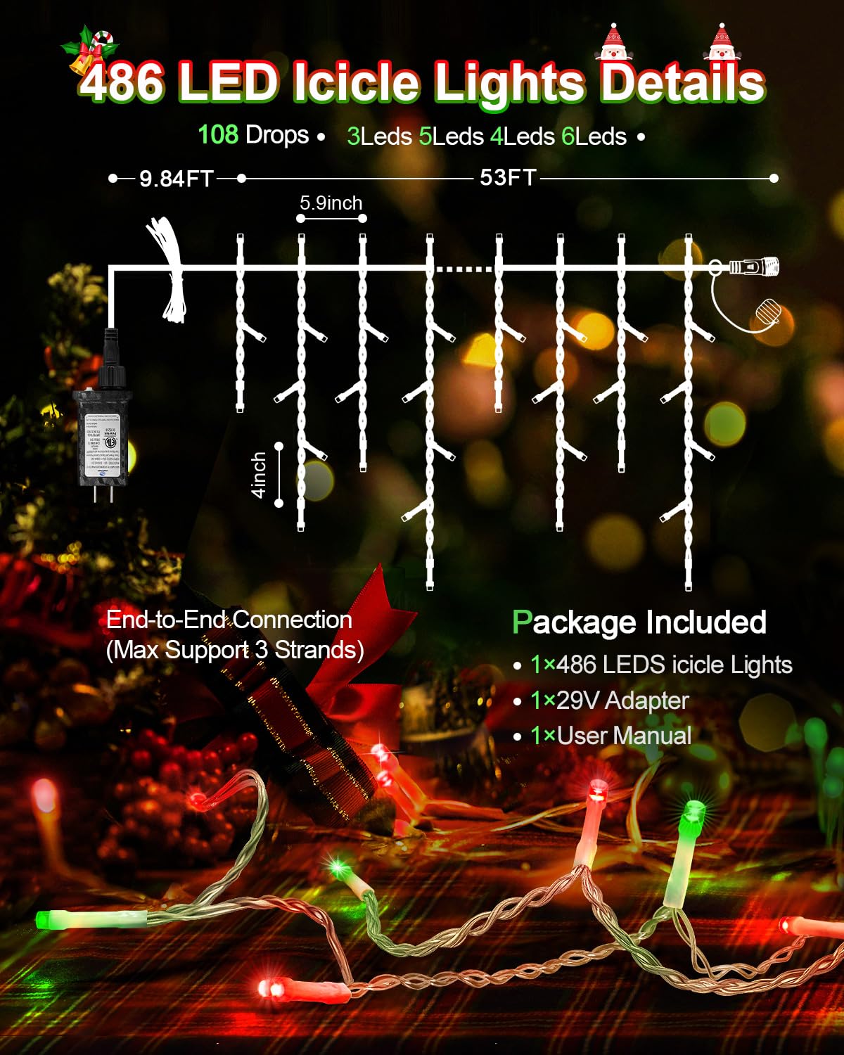 JIXXULVU Christmas Lights Outdoor Red Green, 53 FT 486 LED Christmas Lights for Outside, Timer & Memory, Plug in 8 Modes Hanging Fairy Light with 108 Drops for House Eaves Yard Patio Decorations