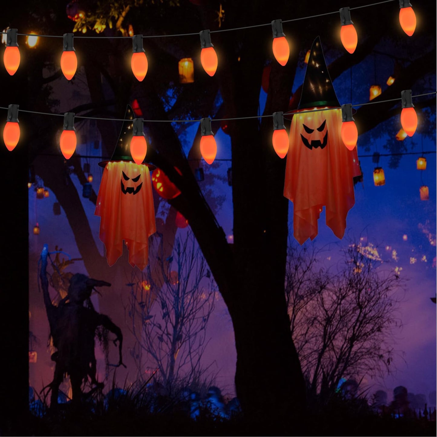 Romasaty C9 LED Orange Halloween Lights, 25FT Halloween C9 String Lights with 27 Orange LED Bulbs, Hanging Decoration Light for Outdoor Indoor Patio Home Party Garden Yard-Black Wire