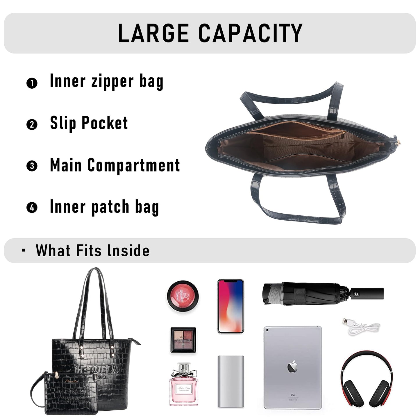 Chinllo Tote Bag for Women, Large Crocodile Top Handle Handbags Purse Set with Clutch Bag (Dc.Black)