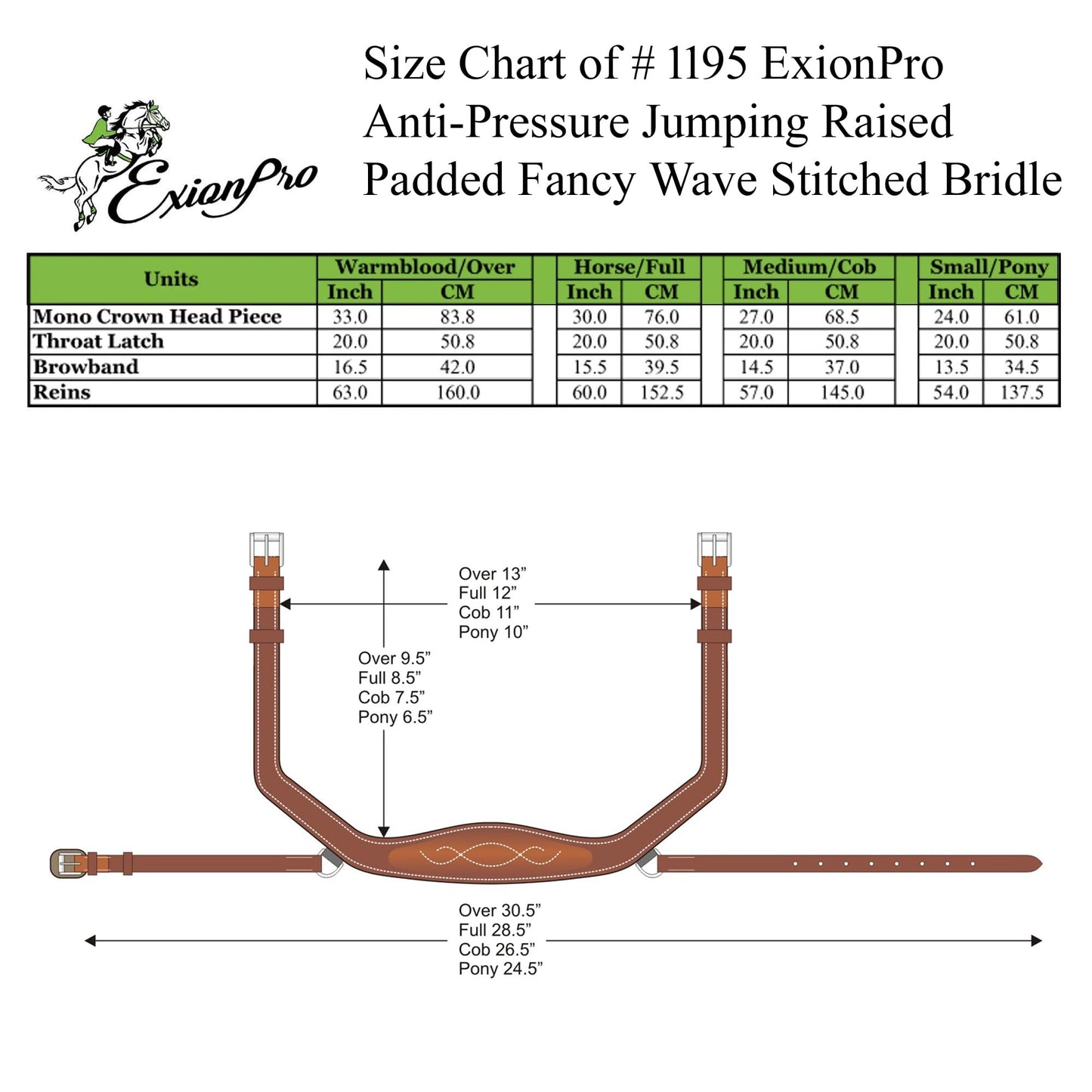 ExionPro Exion Anti-Pressure Anatomic English Jumping Leather Horse Padded Bridle with Reins- Havana Brown, Full Size
