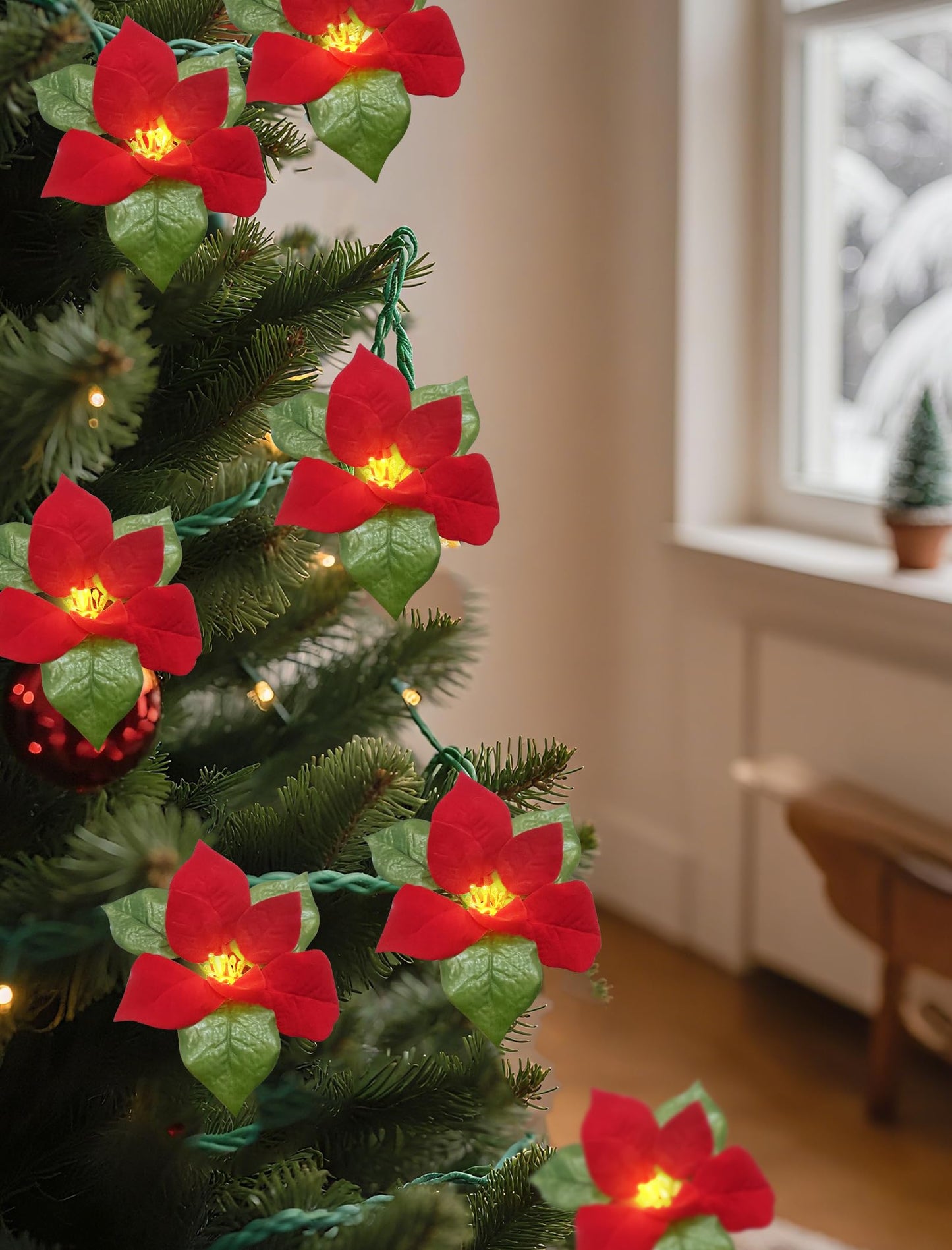 SUNSGNE 8.5FT LED Flower String Lights, Red and Green Christmas Flowers Lights with 10 LED Flowers Bulbs for Christmas Tree, Fireplace, Staircase, Walls