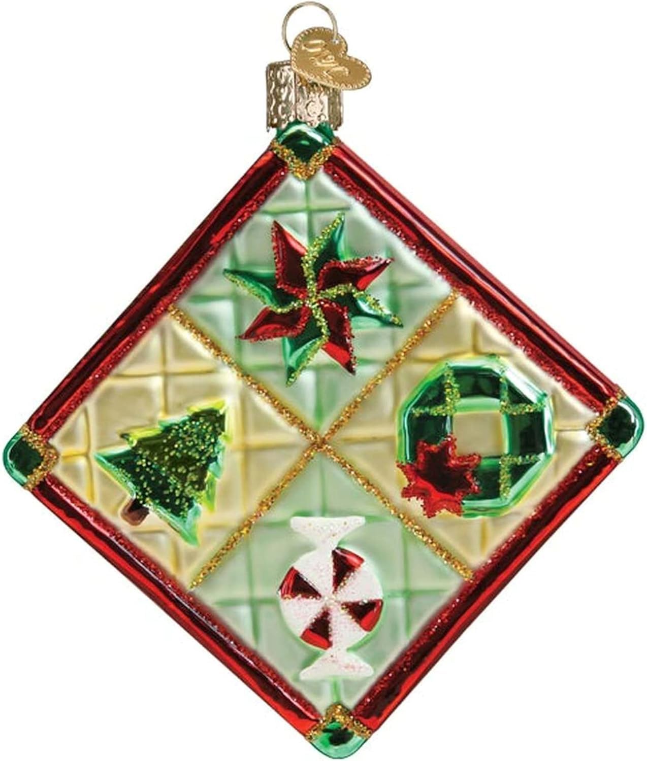 Old World Christmas Christmas Quilt Glass Blown Ornament for Christmas Tree, Handcrafted Holiday Decoration, Holiday Collection