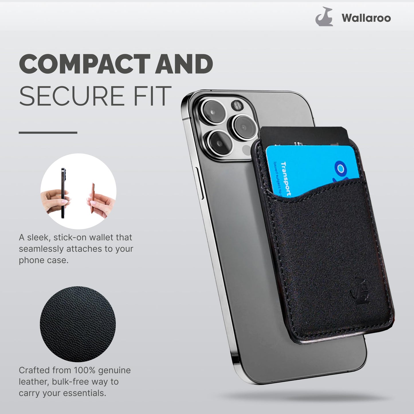 Wallaroo Premium Leather Cell Phone Wallet Stick On - Android and iPhone Wallet and Card Holder for Women and Men - Durable with Non-Slip Lining Secures Up to 3 Cards