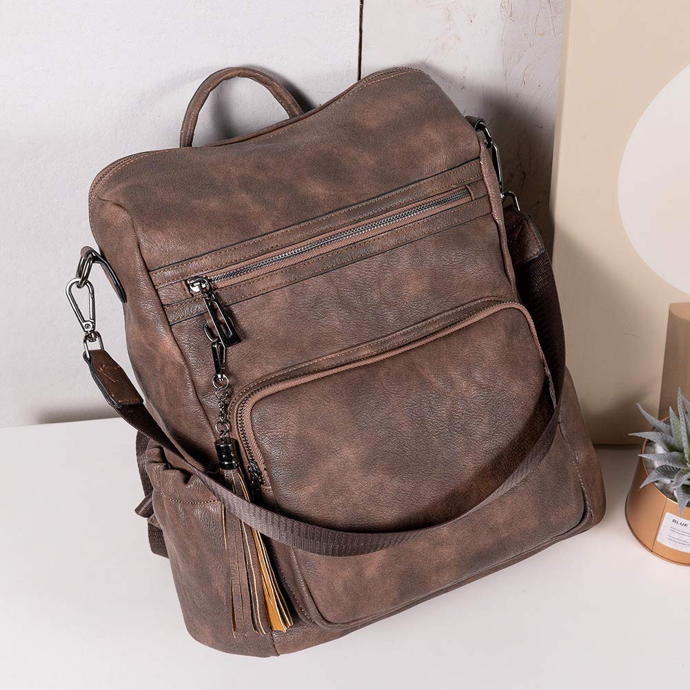 CLUCI Backpack Purse for Women Large Leather Travel Backpack Work Fashion Ladies Casual Daypack with Tassel Two-Tone Coffee