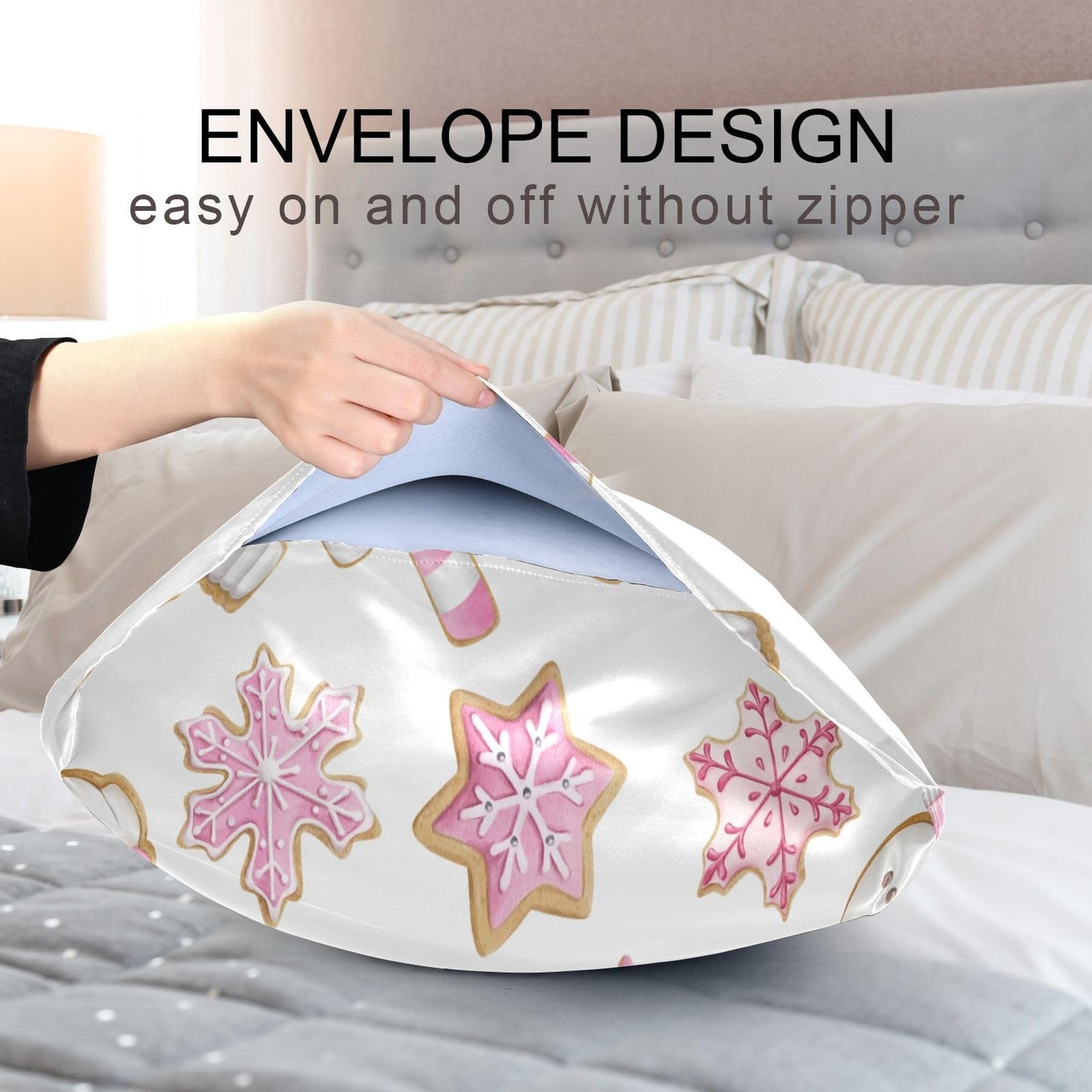 Dalzium Christmas Satin Pillowcase for Hair and Skin, Pink Gingerbread Cookies Silk Pillow Case Soft and Cozy Body Pillow Covers Standard Size with Envelope Closure