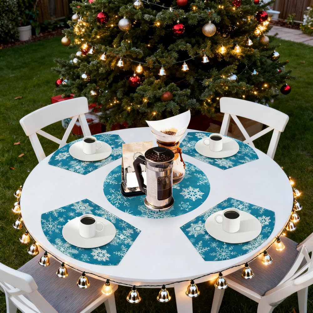 Christmas Placemats Set of 4 Winter Snowflake Wedge Placemat Round Christmas Placemats with Centerpiece Washable Heat Resistant Holiday Place Mat Table Mats for Dining Table Decor
