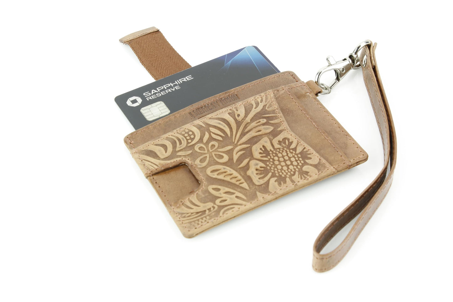 American Bison Embossed Floral Wristlet Wallet for Women – Small ID Card Holder with Credit Card Slots & Pull Tab Organizer – Compact Leather Wrist Strap Clutch (Tan)