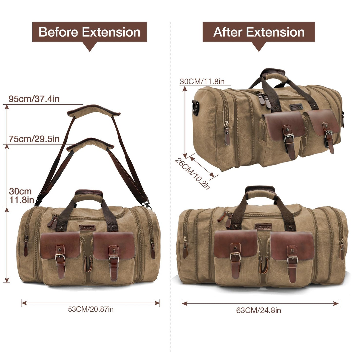 Wildroad 50L Travel Duffel Bag, Expandable Canvas Genuine Leather Duffle Bag Upgraded Overnight Weekender Carry on Bag