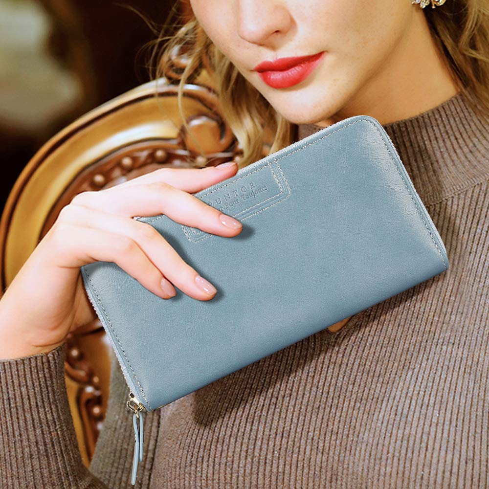 FT FUNTOR Wristlet Wallet for Women, Ladies Zip around Wallet PU Vegan Leather Clutch Long Purse Phone Card Holder Organizer Blue
