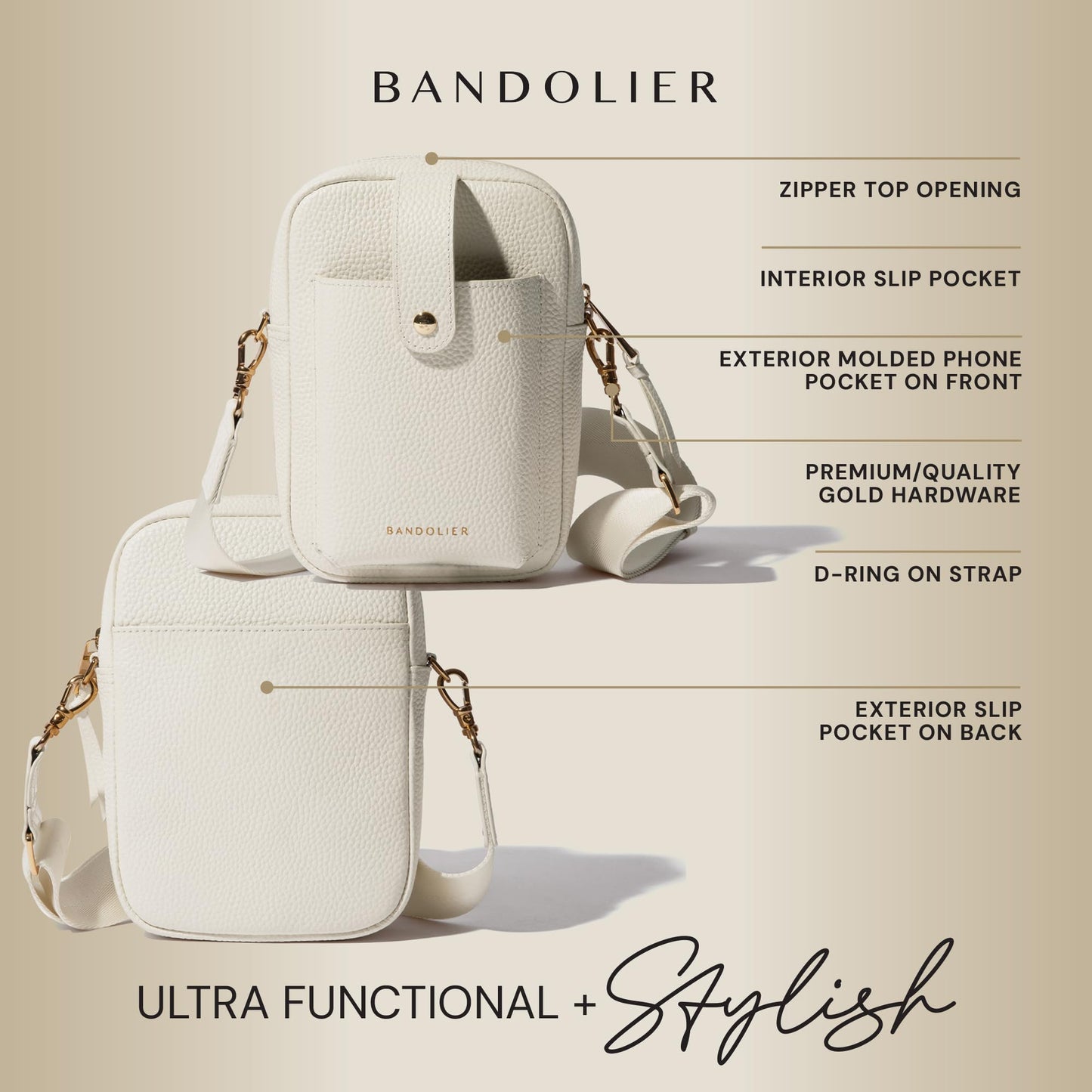 Bandolier Dillon Bag Crossbody | Stylish Pebble Leather Bag | Adjustable Strap, Exterior Slip Pocket | Small Bags for Women