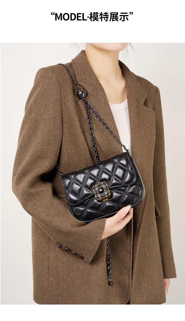 Mewpurrs Genuine Leather Crossbody Bag for Women – Quilted Small Flap Shoulder Purse with Vintage Clasp, Adjustable Chain Strap for Evening & Daily, Black