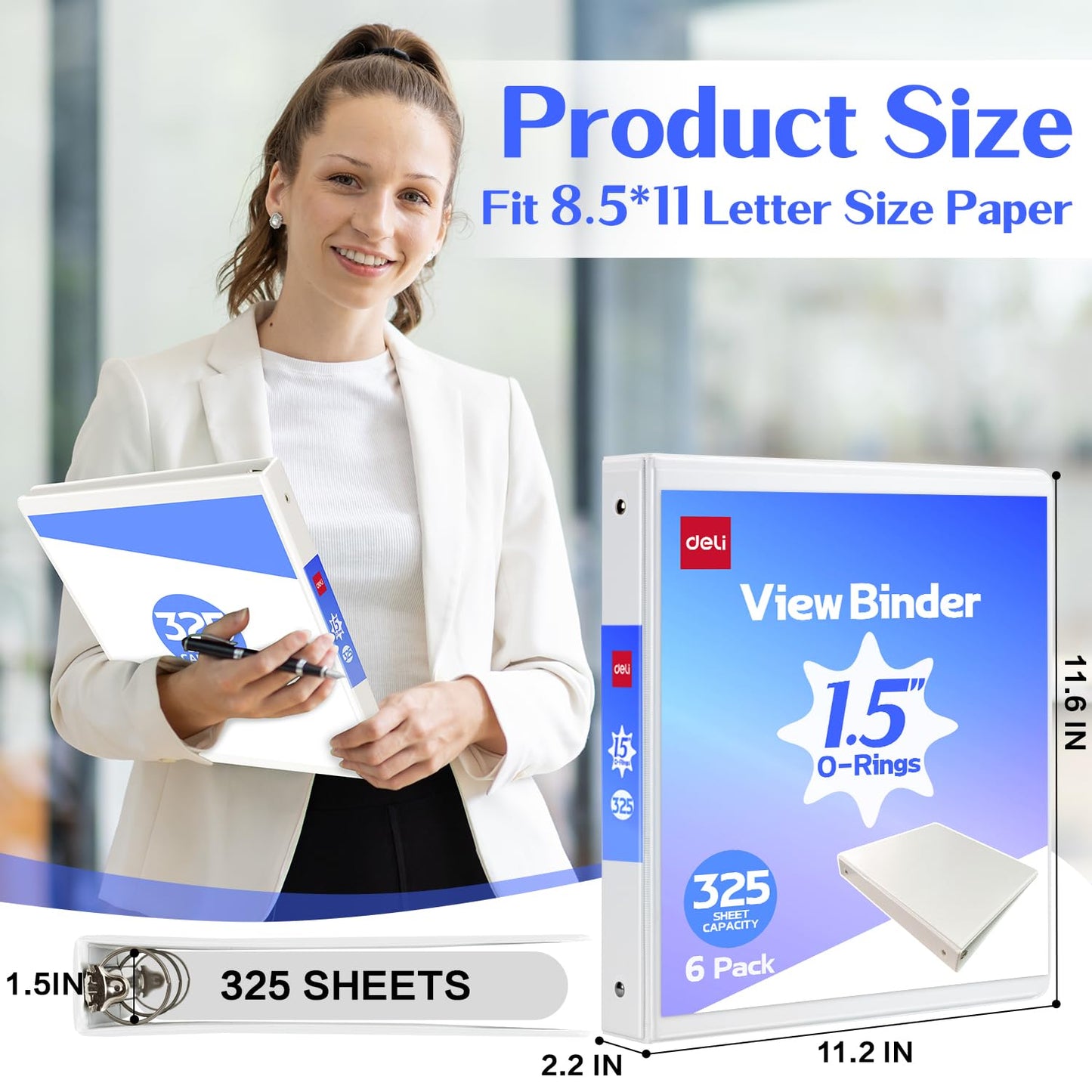 Deli 1.5-inch 3 Ring Binder with 2 Interior Pockets, 325 Sheets Capacity, 1.5 inch Binders fits 11" x 8.5" US Letter Size, White, 6 Pack