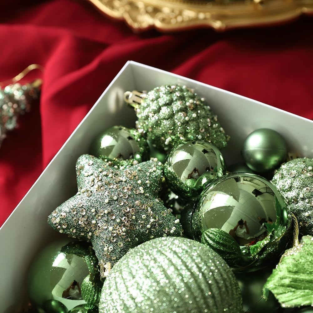 Christmas Ornaments Set, 48ct Green Shatterproof Christmas Tree Decorations Ball Large Glitter Christmas Flowers Hanging Ornament,for Xmas Trees Decor Indoor Home Holiday Party