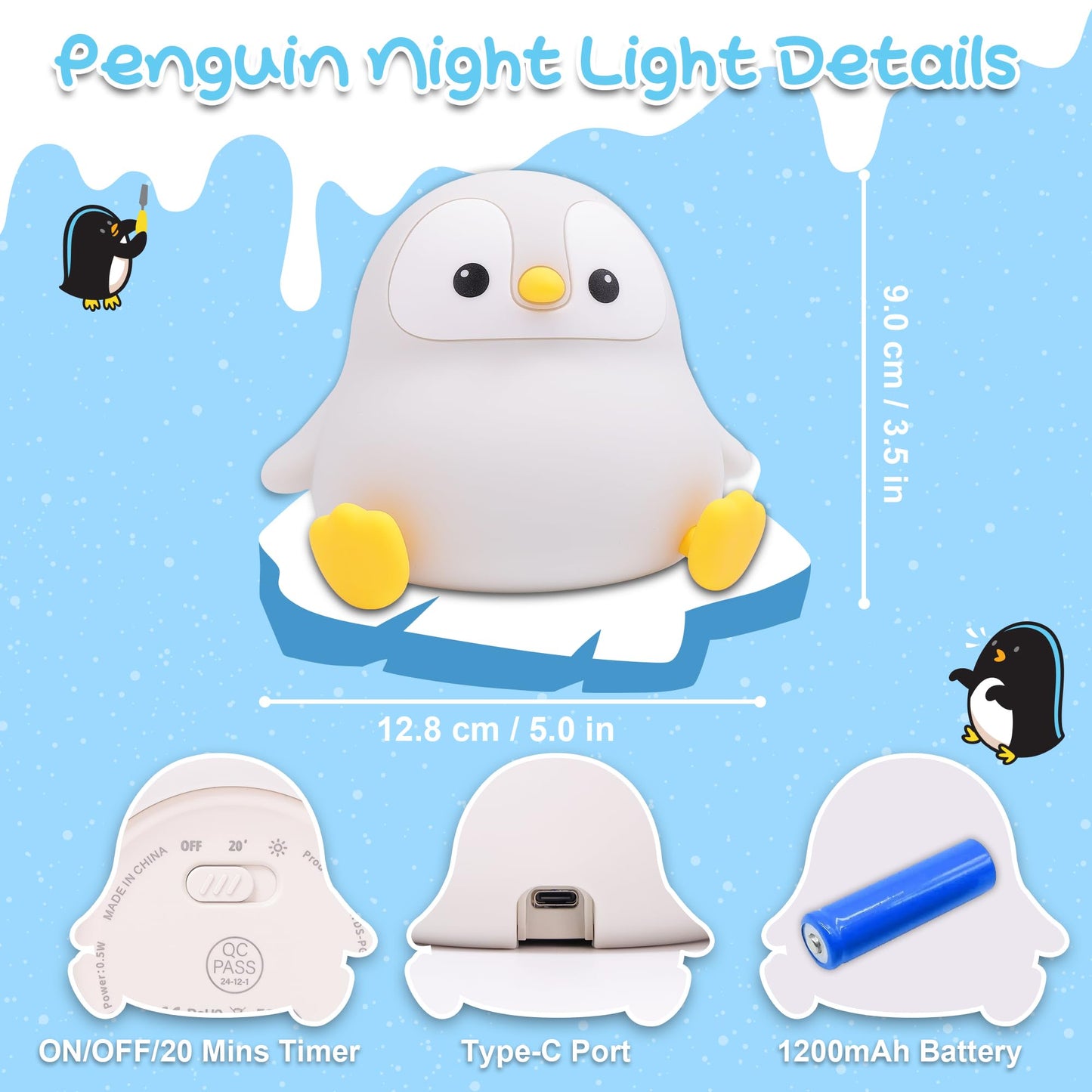 Okayera Penguin Night Light, Pudgy Penguins Squishy Nightlight for Kids, LED Silicone Nursery Lamp with Dimmable & 20 Mins Timer, Rechargeable Bedroom Bedside Docer Stuff, Cute Gifts for Boys Girls