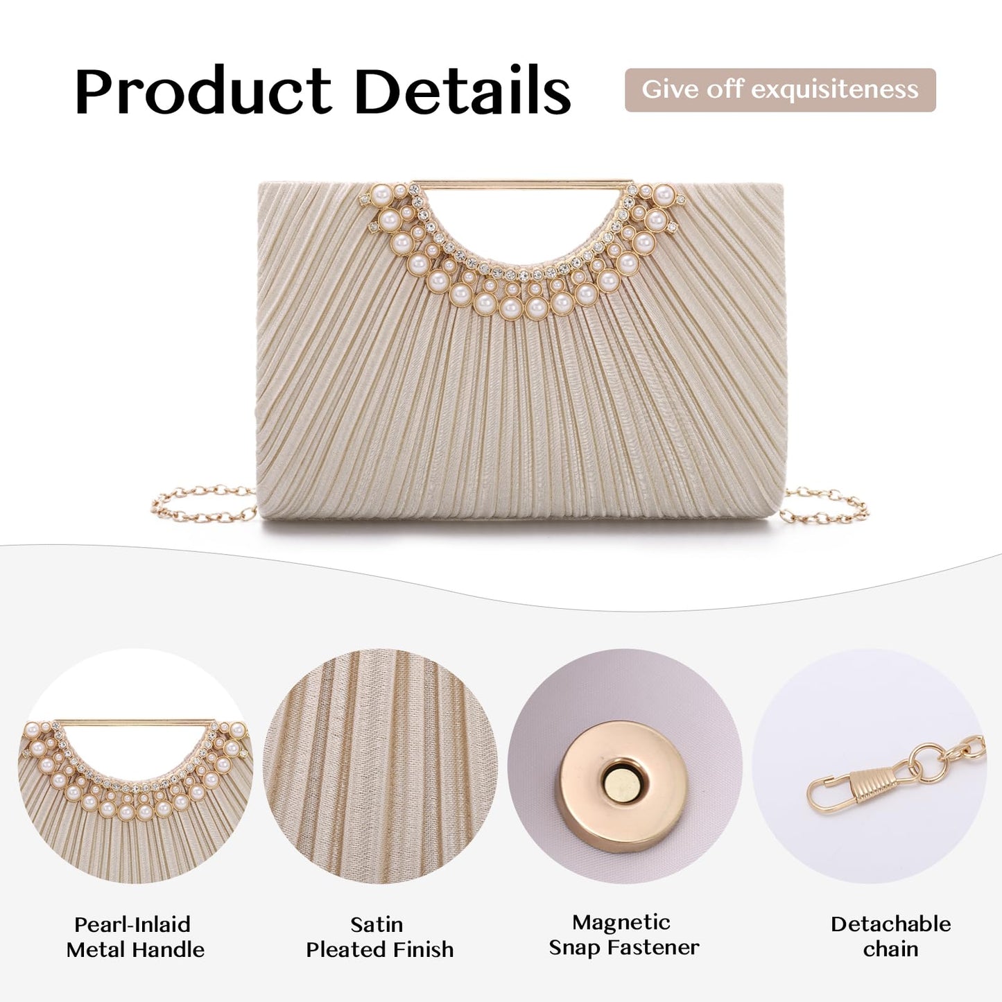 Ynport Pleated Satin Clutch Purse for Women, Evening Bag with Chain Formal for Wedding Party