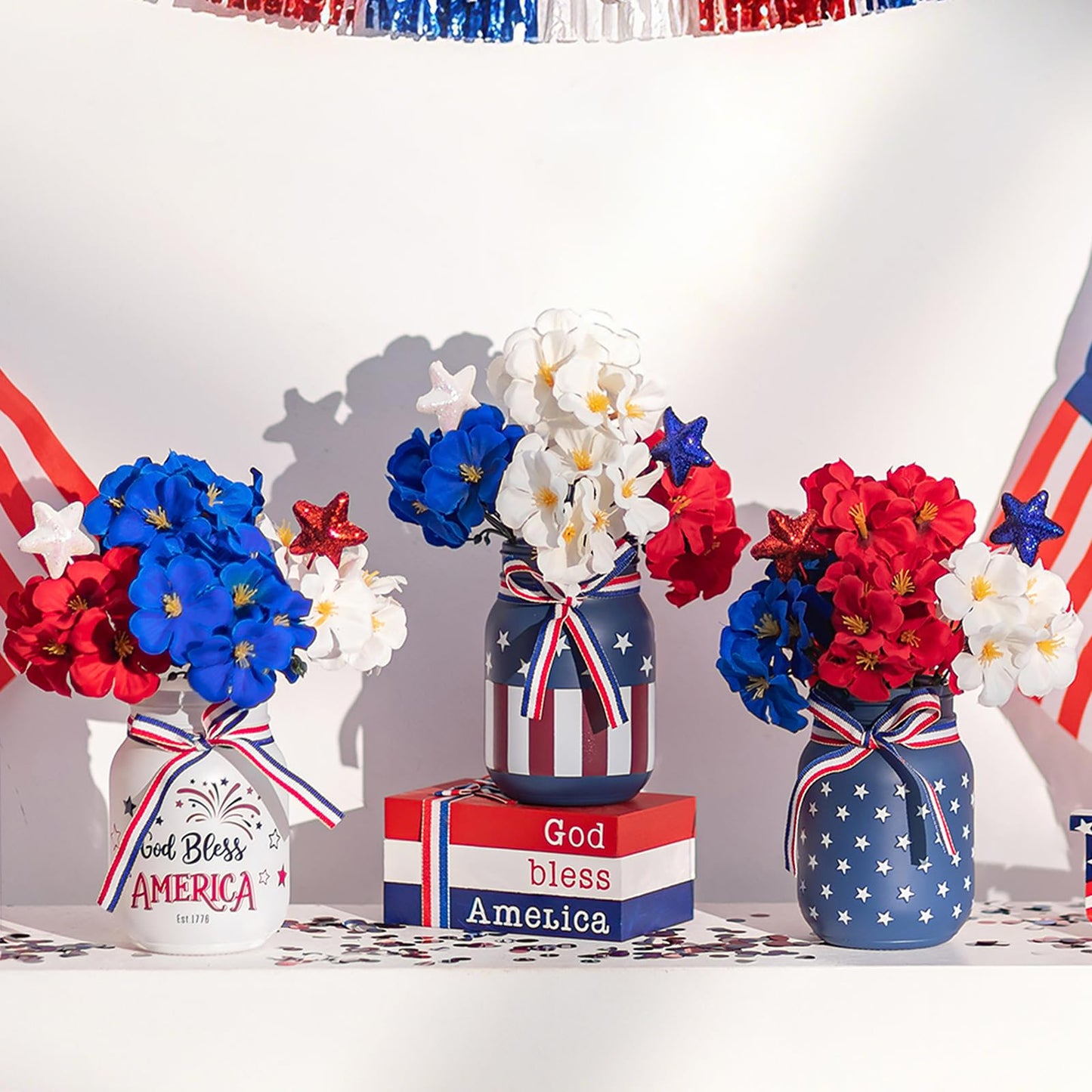 Glasseam 4th of July Vase Set: 3Pcs Patriotic Glass Mason Jars with Red White and Blue Artificial Geranium Star Ribbons - Independence Day USA 250 Anniversary Memorial Table Centerpiece Home Decor