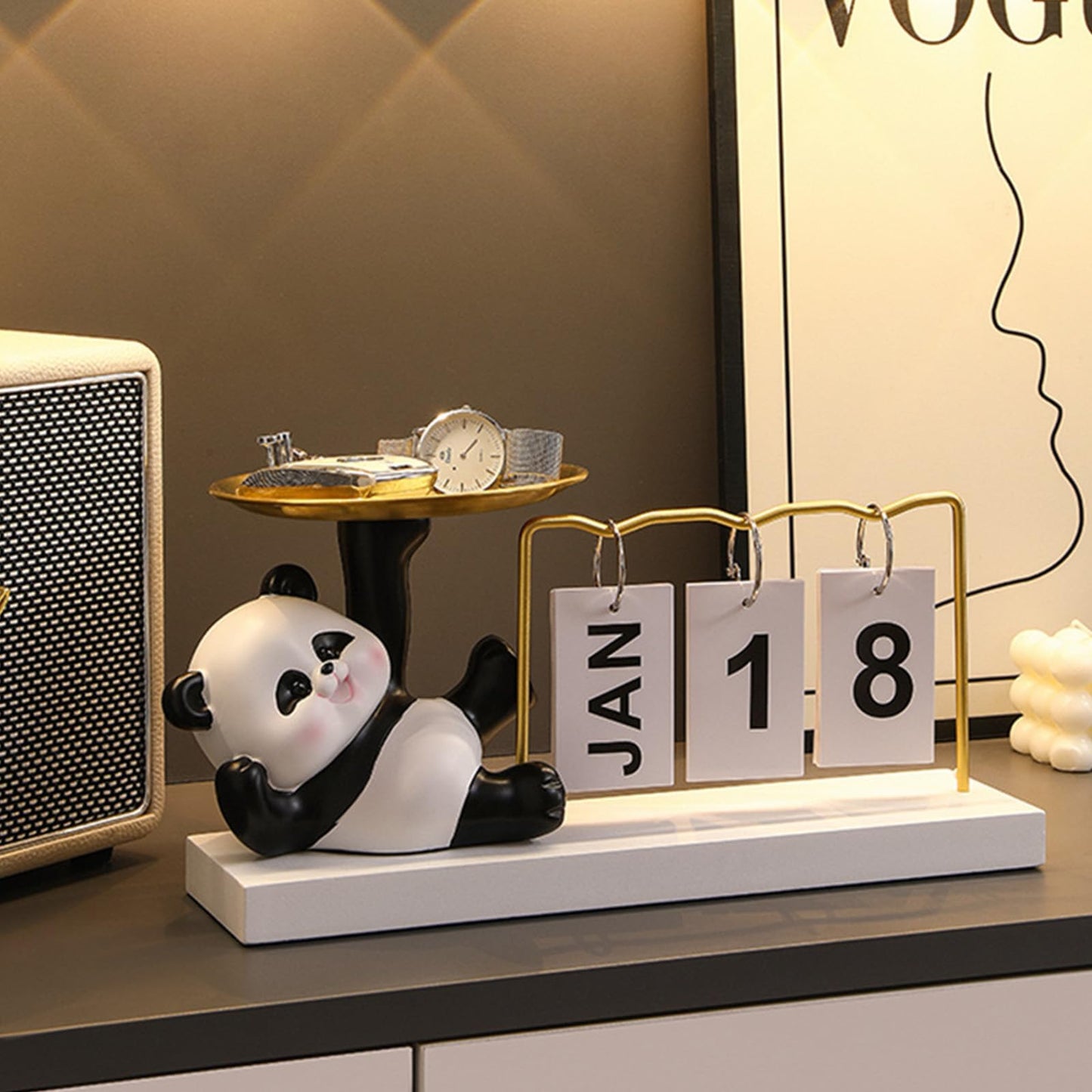 Cute Panda Metal Flip Calendar with Wooden Base,Daily Perpetual Desk Calendar with Organizer Tray,Reusable Modern Desktop Calendar for Home Office Desk Decor