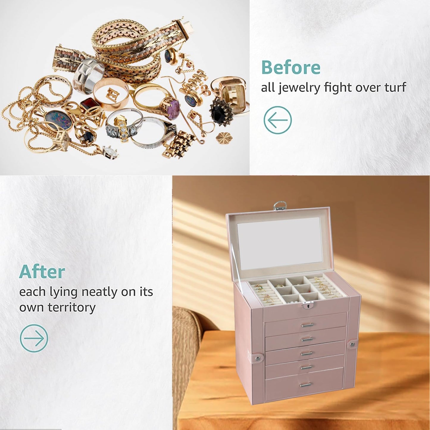 BOOVO Jewelry Box For women, 6 Layer Large Jewelry Organizer With Mirror, Multi-Function Storage Box With Lock, Accessory Holder With 5 Drawers, For Earrings Necklace Ring Bracelet (Rose Gold)