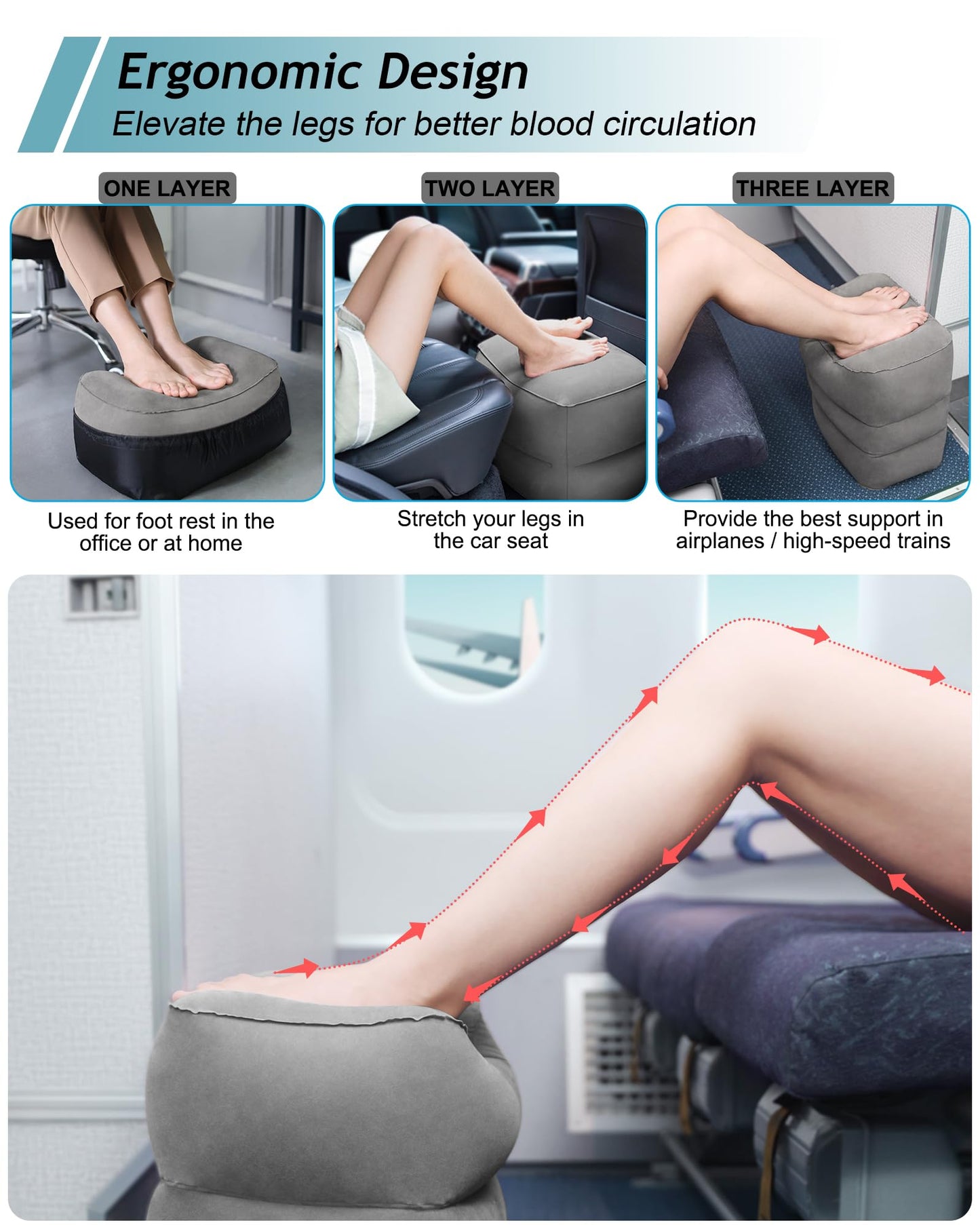 JefDiee Inflatable Travel Foot Rest Pillow,Kids Airplane Bed,Adjustable Height Flight Pillow,Travel Essentials for Airplane,Office,Home,Trains,Cars