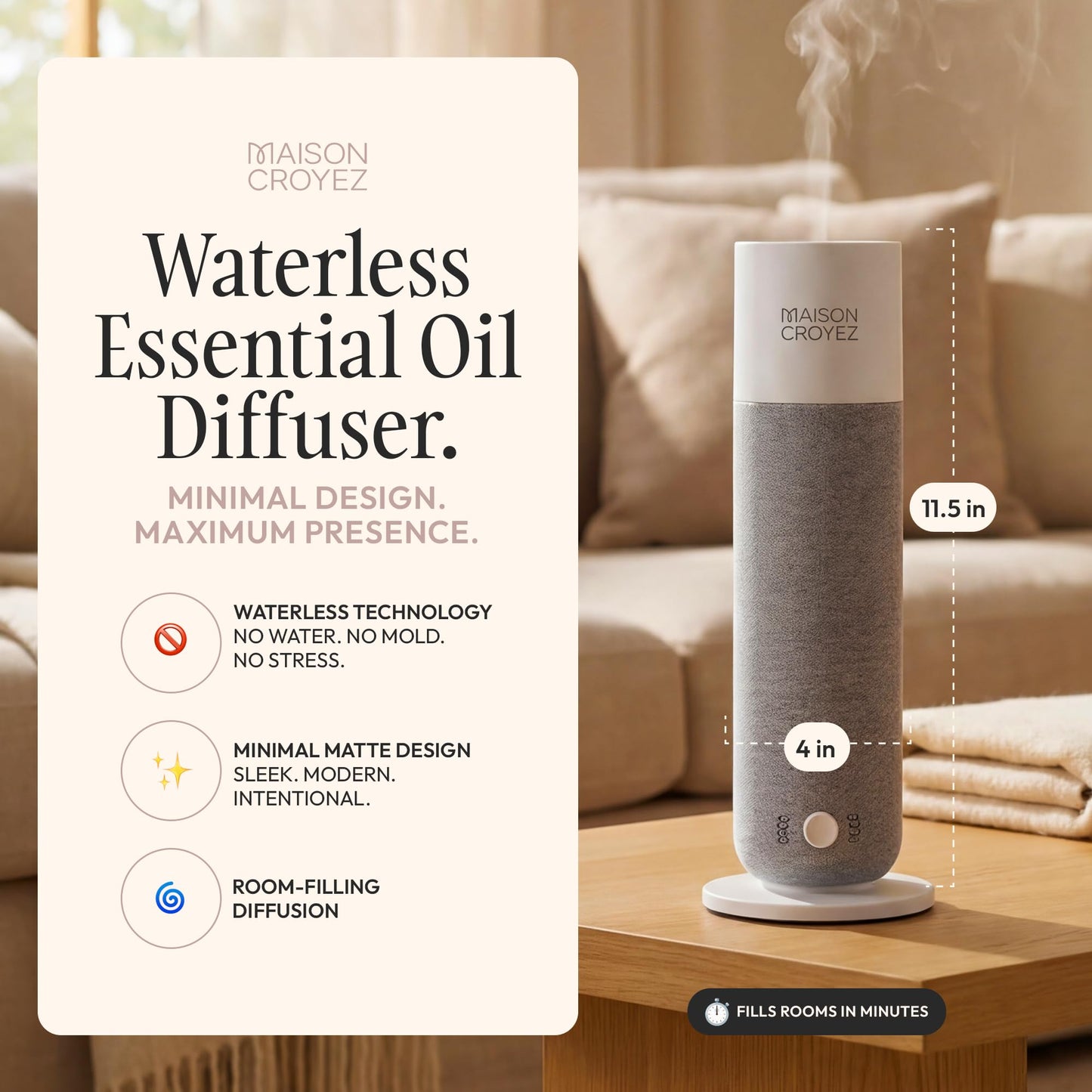 Maison Croyez Waterless Essential Oil Diffuser (120ml Bottle) – Nebulizing Aroma Diffuser, 3 Intensity Levels, 1/3/6H Timer + Auto Mode, Warm Ambient Light, Up to 600 sqft