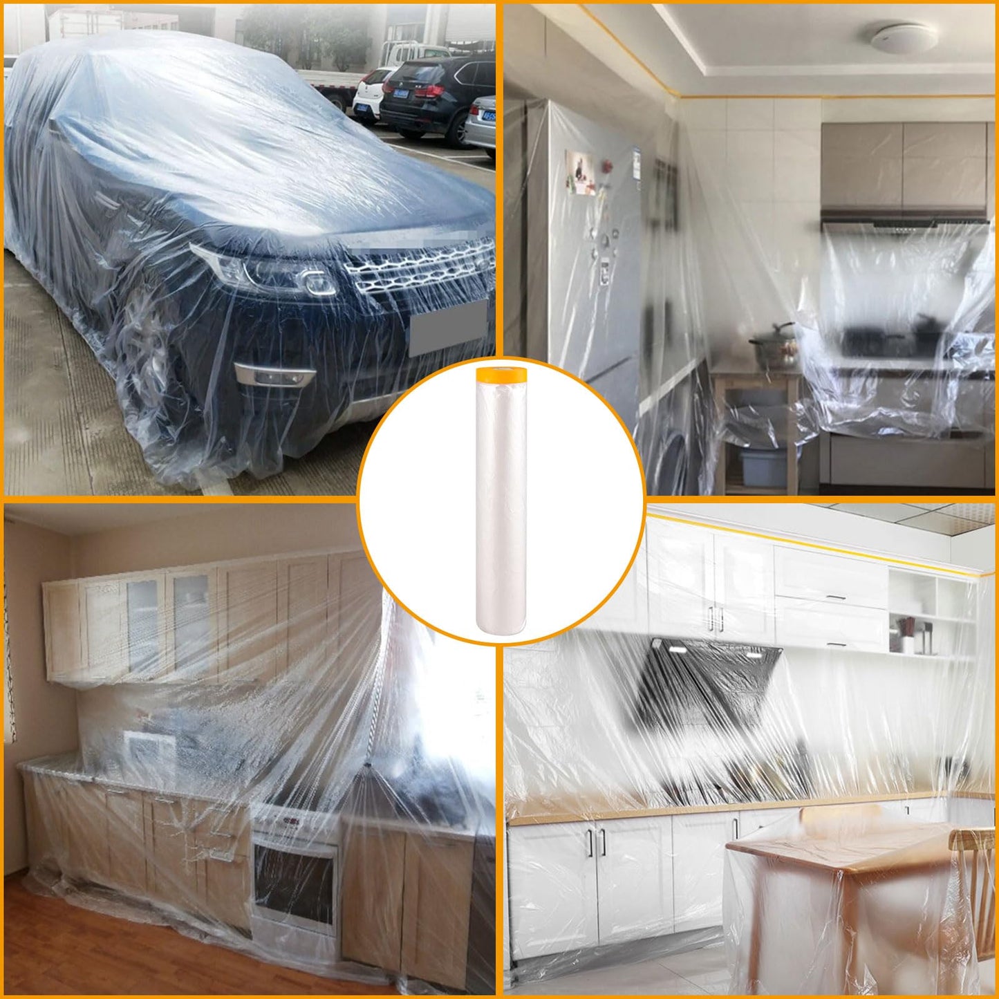 LOYORTY 4 Rolls 8.8 x 65 Feet Painters Plastic Sheeting, Pre-Taped Masking Film, Clear Drop Cloth for Painting, Automotive Covering and Appliance Protection