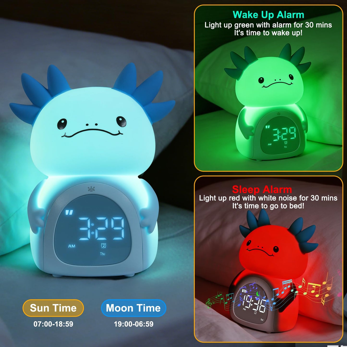ollycasa Axolotl Alarm Clock for Kids, Rechargeable Ok to Wake Clock with Night Light - BPA-Free Silicone Sleep Training Clock, Cute Toddler Wake Up Clock for Boys Girls Bedroom