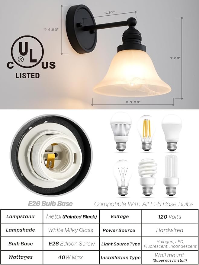 Black Wall Sconce, Vintage Bathroom Vanity Light with Milk Glass Modern Sconces Wall Lighting for Living Room Bedroom Kitchen Hallway Stairway E26 Hardwire Indoor