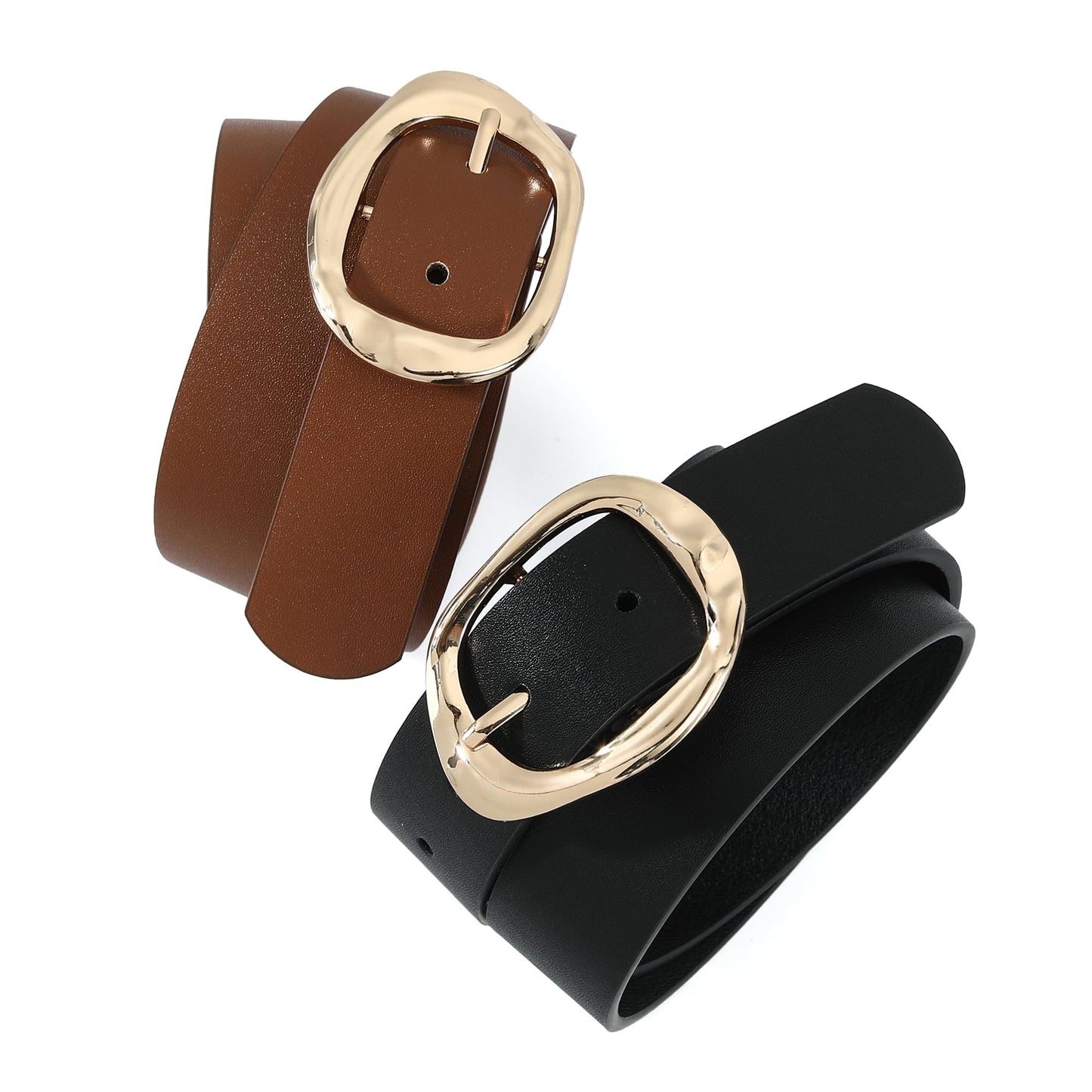 Earnda 2 Pack Black Brown Leather Belts for Women Casual Fashion Waist Belt with Liquid Shapes Gold Buckle for Jeans Pants Dresses 1.18" Width X-Small