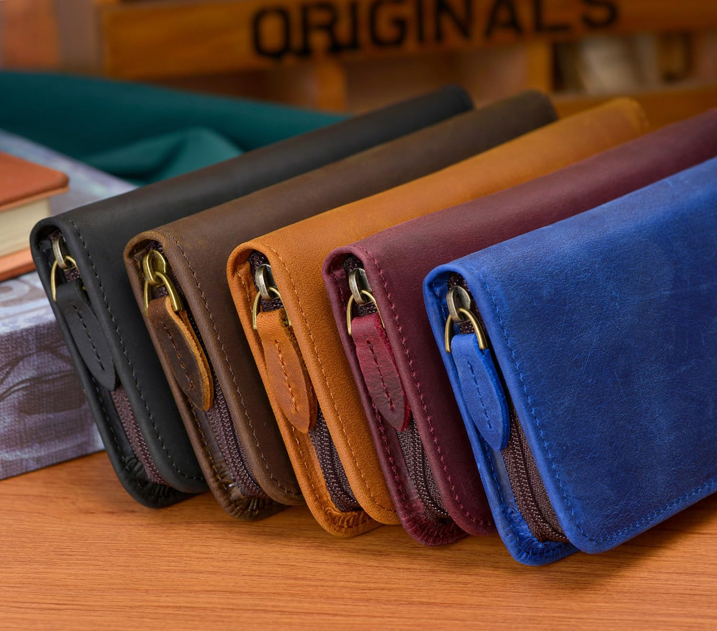 Asvine Fountain Pen Case 3 Divided Slots Crazy Horse Leather Pen Holder, Handmade Display Zippered Pouch for Rollerball Pen-Wine