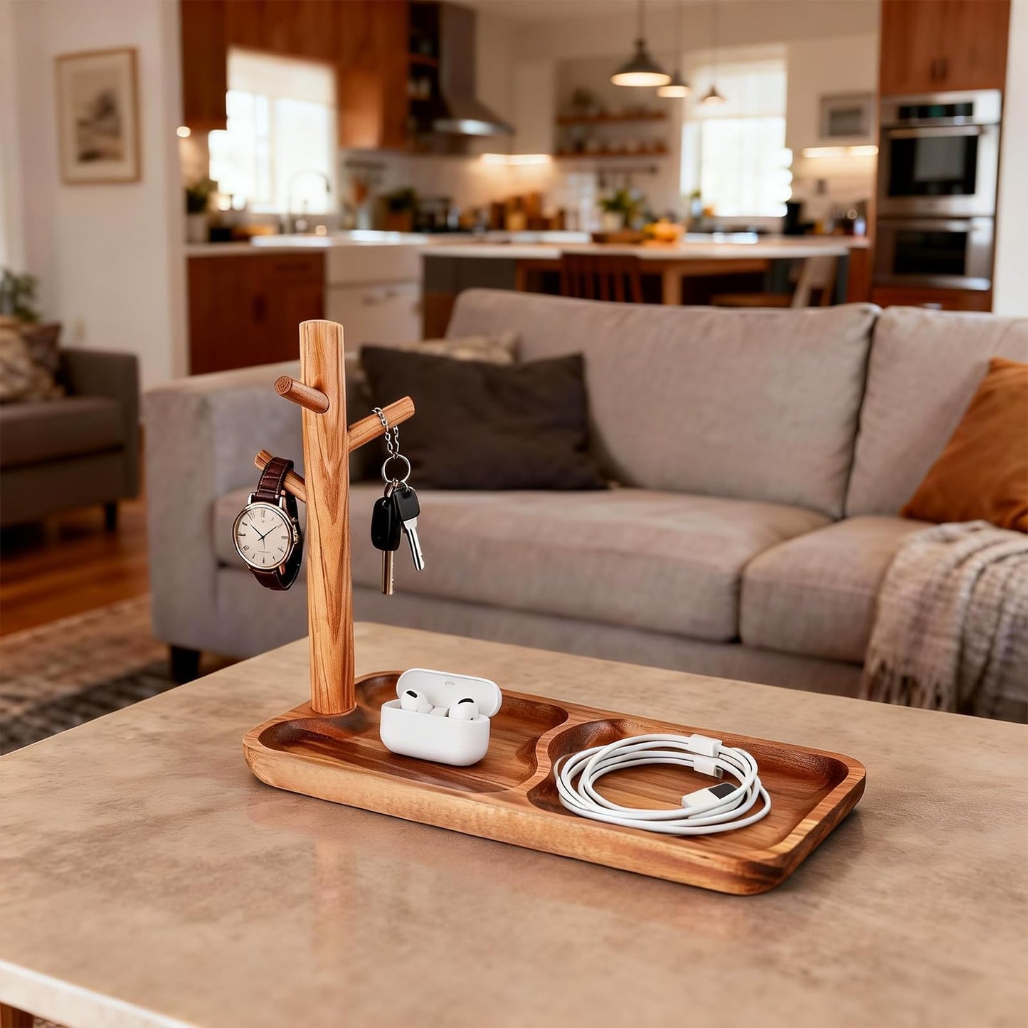 Acacia Wood Key Tray for Entryway Table, Wooden Catchall Organizer with Jewelry Storage Rack, Valet Tray for Keys Wallet Watches Sunglasses Rings(Rectangle)