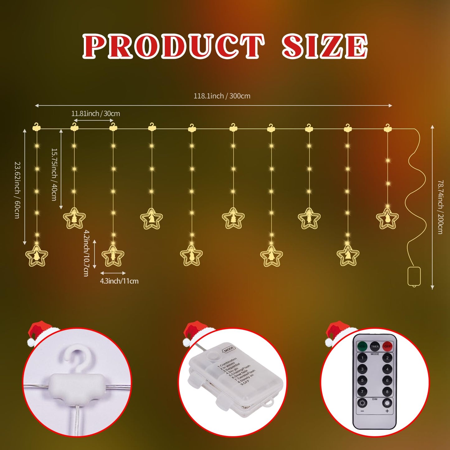 BomKra Christmas Star Curtain Lights, Christmas Window Lights Decor with Remote,8 Lighting Modes, IP65 Waterproof, 10 Hooks Christmas Decorations Indoor Outdoor for Bedroom Party Wall Door Window