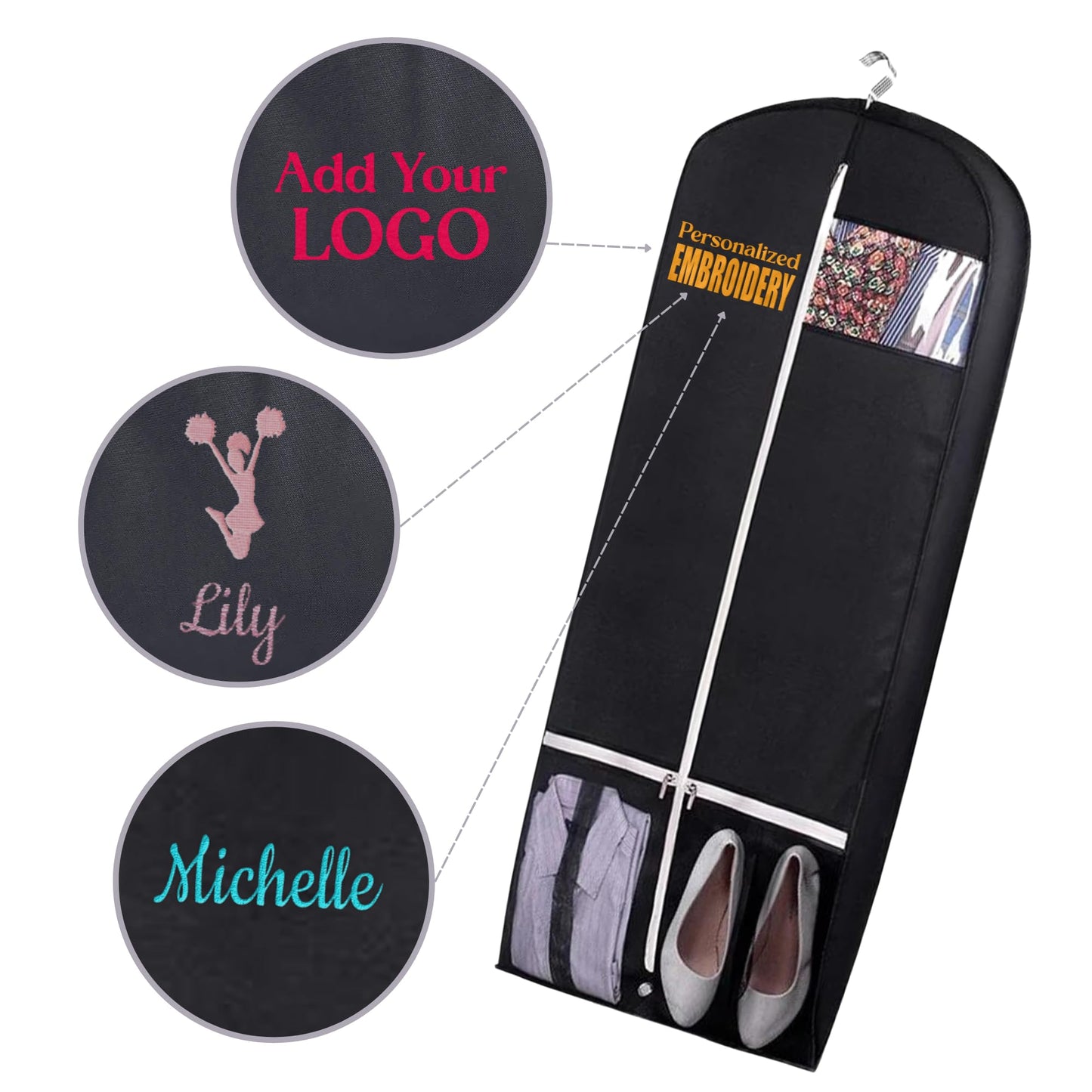 Personalized Garment bag with Name for Hanging Clothes - Custom Black Suit Bags for Closet Storage with 2 Mesh Pockets for Men & Women - Ideal for Wedding Dress Garment Bag Storage with Carry Handles