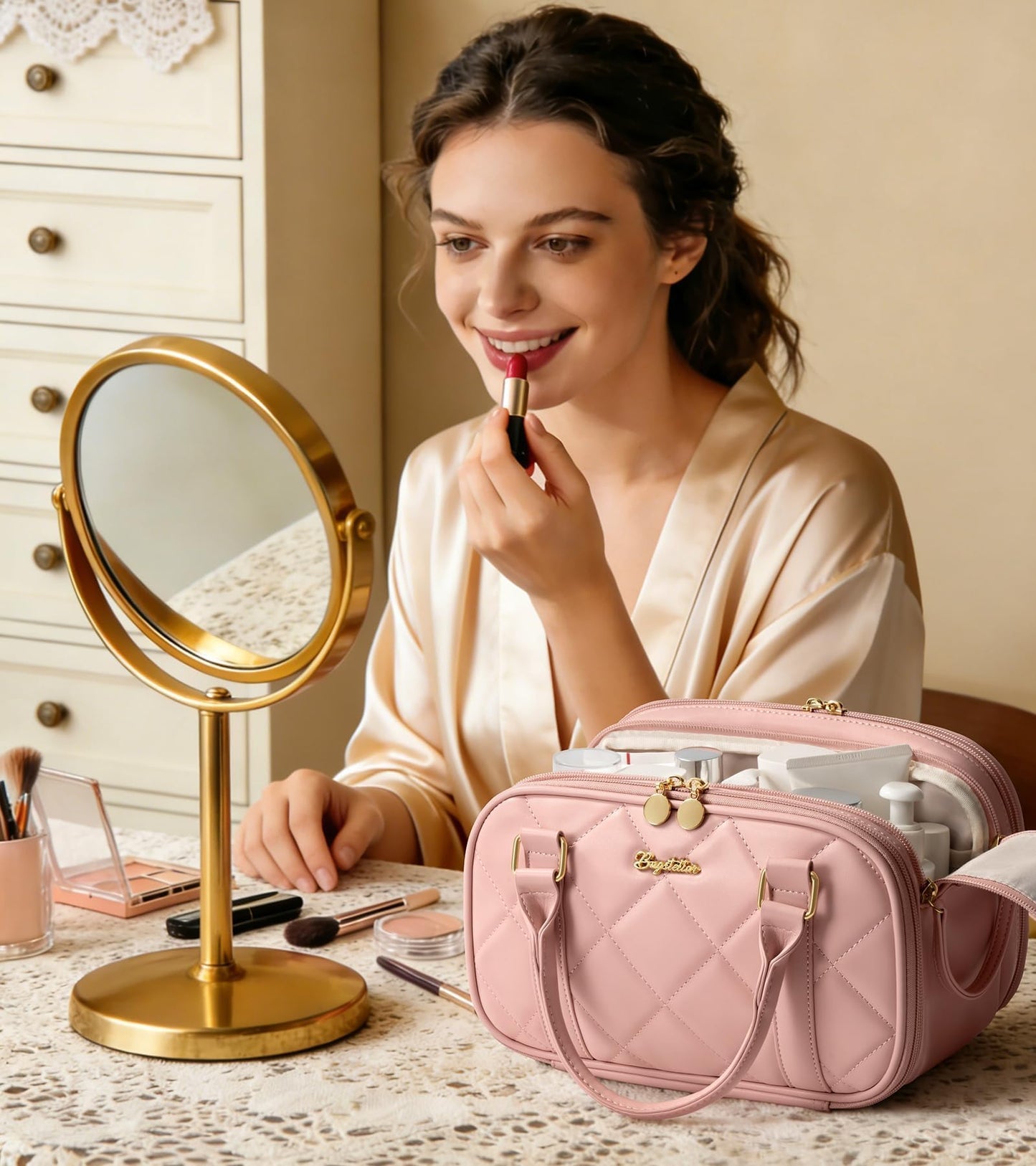 Bagstellar Travel Makeup Bag, Large Capacity Quilted Toiletry Bag for Women Stand-up Cosmetic Bag Open Flat Make Up Case Organizer Portable Pouch Purse w/Handle for Traveling Accessories, Pink