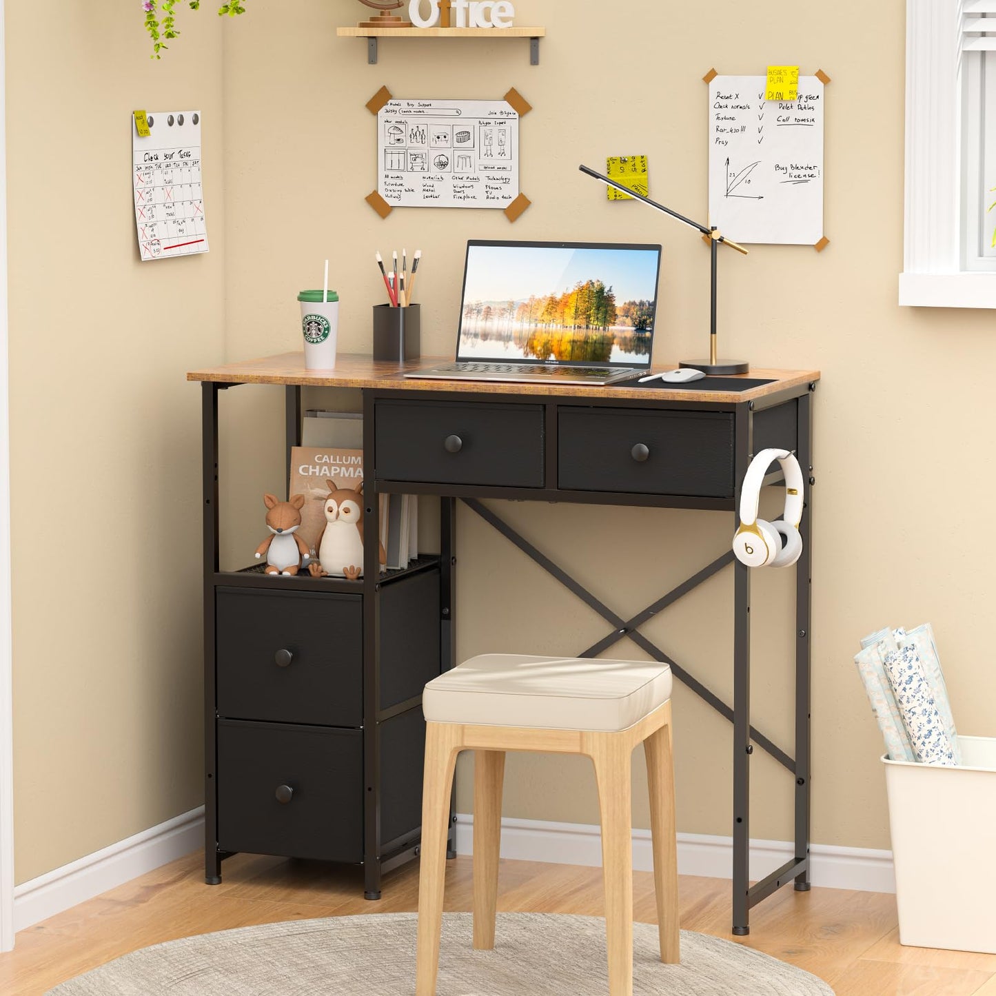 3IngSeagulls Small Computer Desk with 4 Fabric Drawers, Simple Writing Desk for Home Office, Compact Study Desks for Small Spaces, Kids Desk Study for Bedroom, Rustic Brown