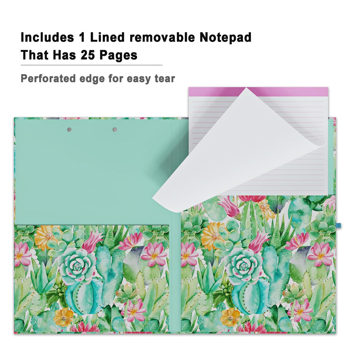 Cute Clipboard Folio with Refillable Lined Notepad and Interior Storage Pocket for Office Stylish A4 Foldable Clipfolio - Cactus Flowers