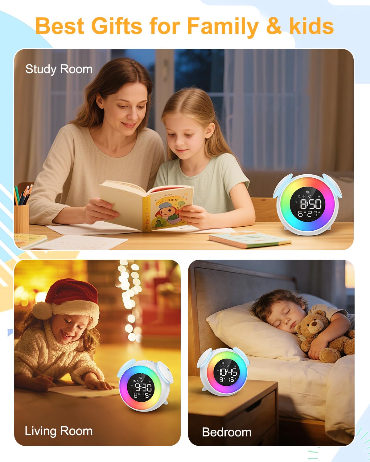 Homiyteck Kids Alarm Clock, Toddler Sleep Training Clock, OK to Wake Alarm Clock with 9 Colors Night Light, 7 Soothing Sounds, Dual Alarms, Birthday Gift for Boy Girls Children