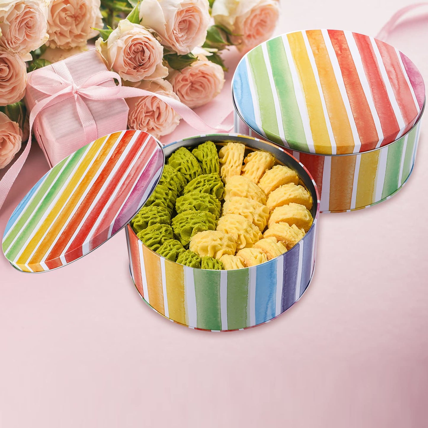 Yopay 3 Pack Cookie Tins, Round Baking Cake Gift Tins for Storing Patisseries, Puff Pastries Craft Supplies, Easter, Special Occasion and Holidays, Rainbow Pattern, 7" W X 3.2" H, Metal