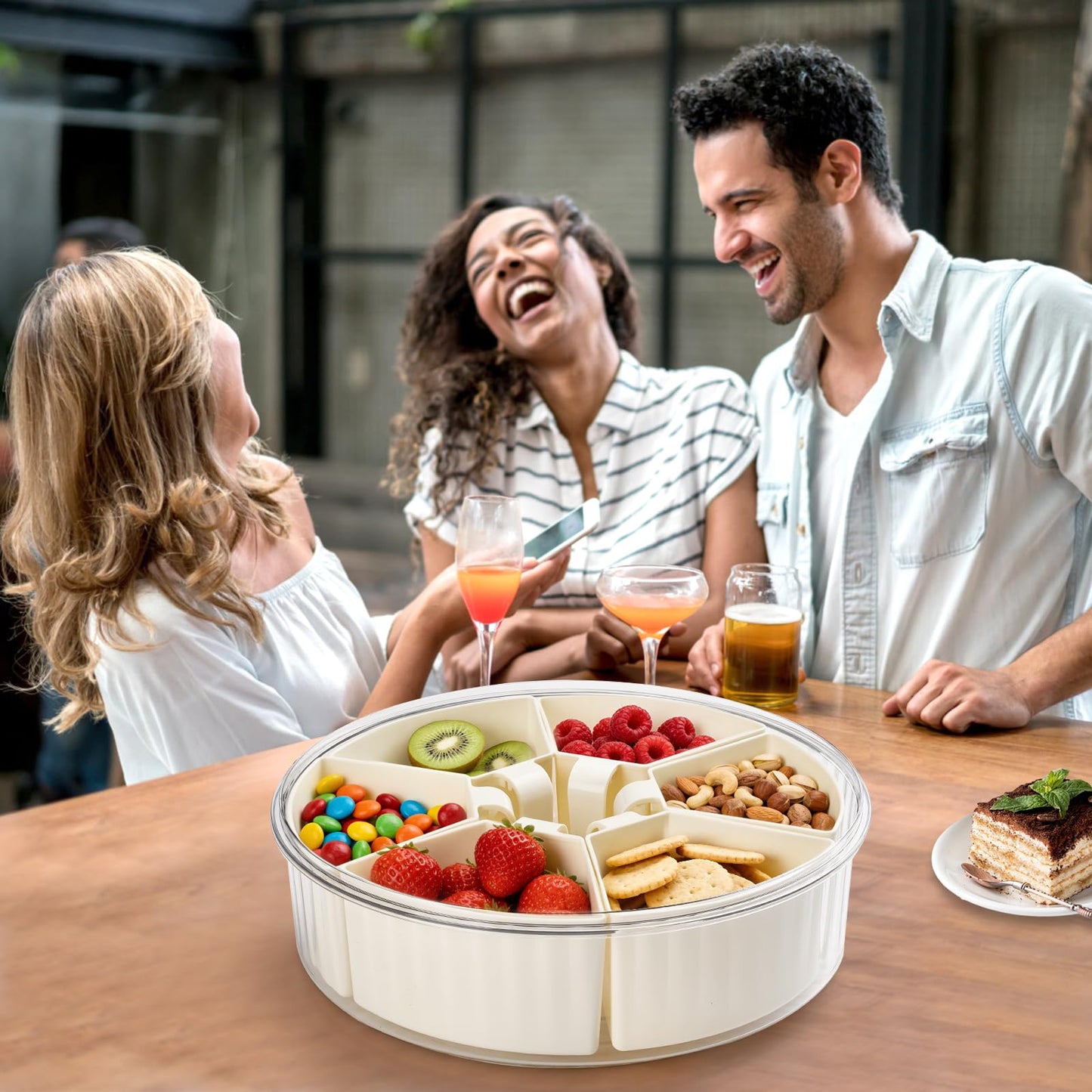 Divided Snack Serving Tray with Lid and Handle,Snackle Box Container for Fruits Candy Organizer,Portable Spinning Rounded Veggie Tray for Kitchen, Party, Trave and Picnic