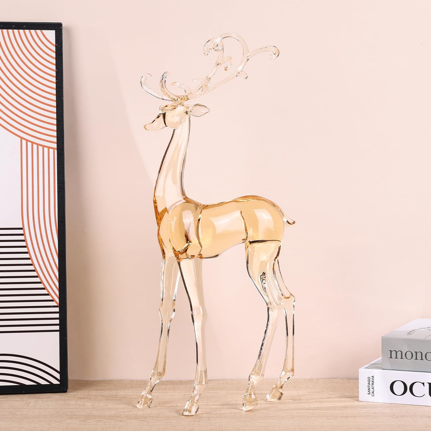 18" Tall Acrylic Christmas Reindeer Figurine - Elegant Clear Large Reindeer Ornaments for Christmas Indoor Decor, Holiday Centerpiece, Living Room, Fireplace, Table Display (Gold Standing Reindeer)