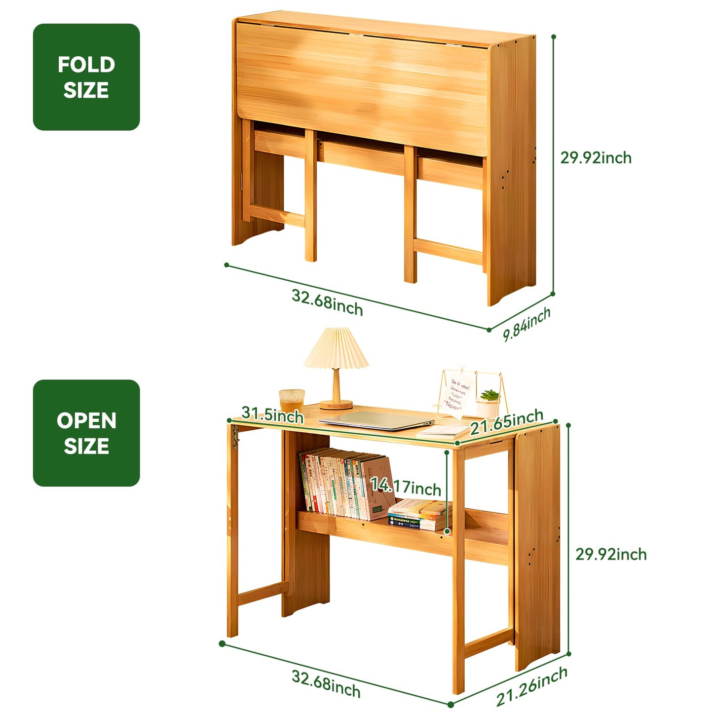Dezyfurni Bamboo Folding Desk Mid Century Modern Desk for Home Office Bedroom Small Spaces,Natural
