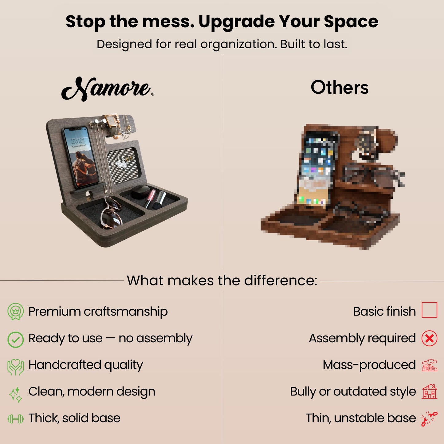 Namore Nightstand Organizer for Women – Wood Phone Docking Station & Jewelry Valet Tray for Phone, Earrings, Wallet & Keys – Unique Gifts for Women, Wife, Mom
