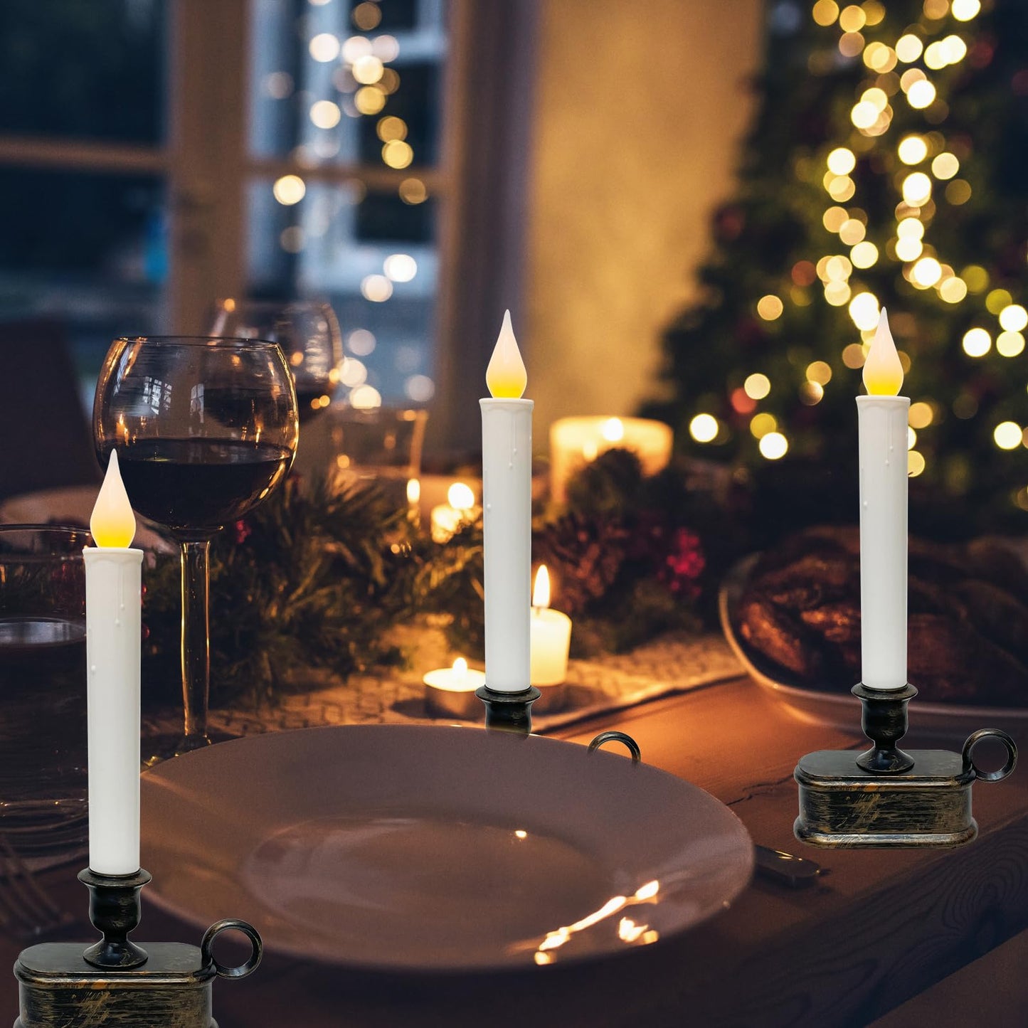 GOOTHY Set of 4 Battery Operated LED Window Candles, Dusk to Dawn Light Sensor, Flicker Flame Christmas Window Candles with Bronze Base, 10 Inch Flameless Taper Candle for Table Bedroom Christmas