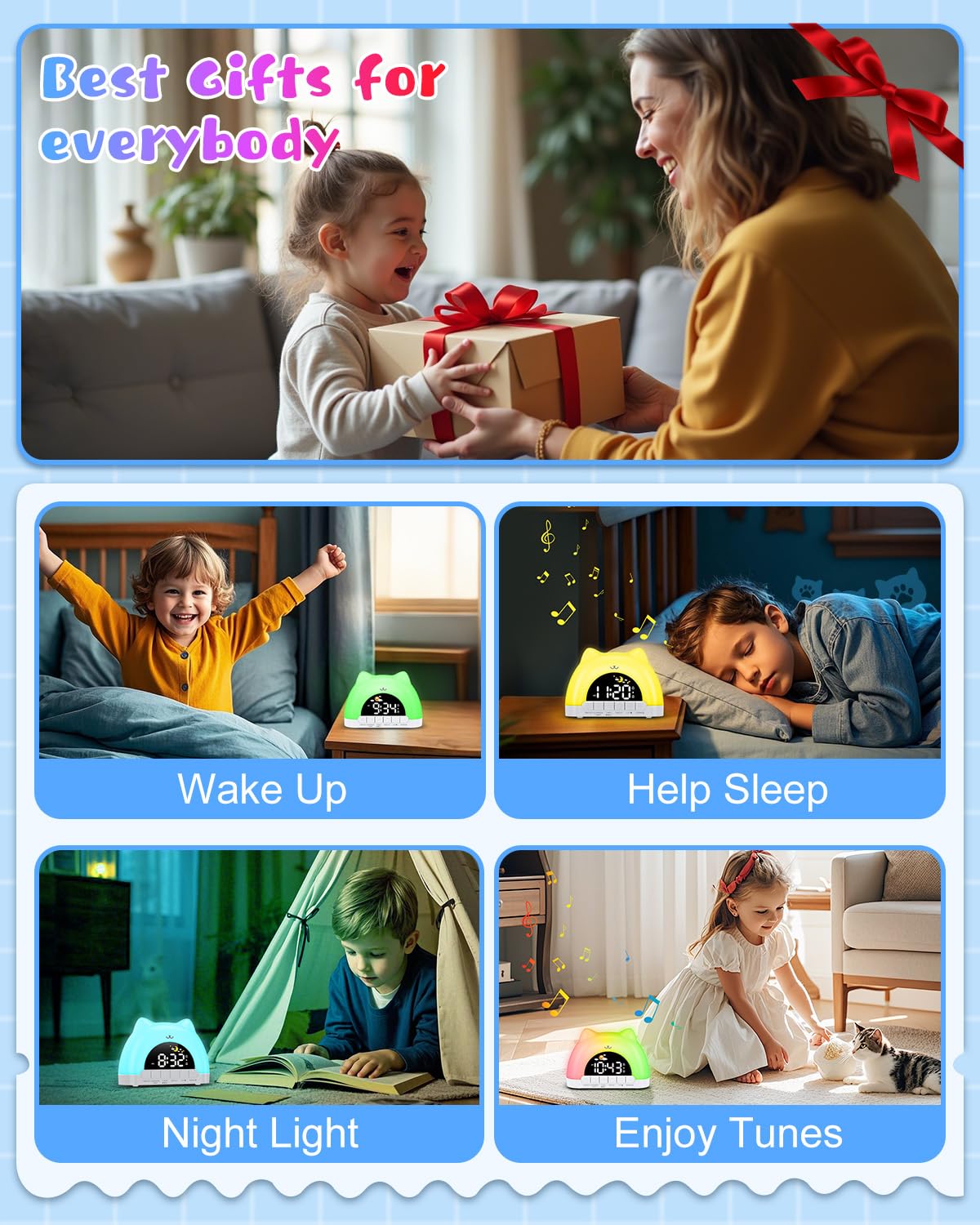 Homiyteck Kids Alarm Clock, OK to Wake Alarm Clock for Kids, Cat Clock with 11 Colors Night Light, 10 Soothing Sounds, Child Lock, Dual Alarms, Sleep Training, Birthday Gift for Boy Girls Children