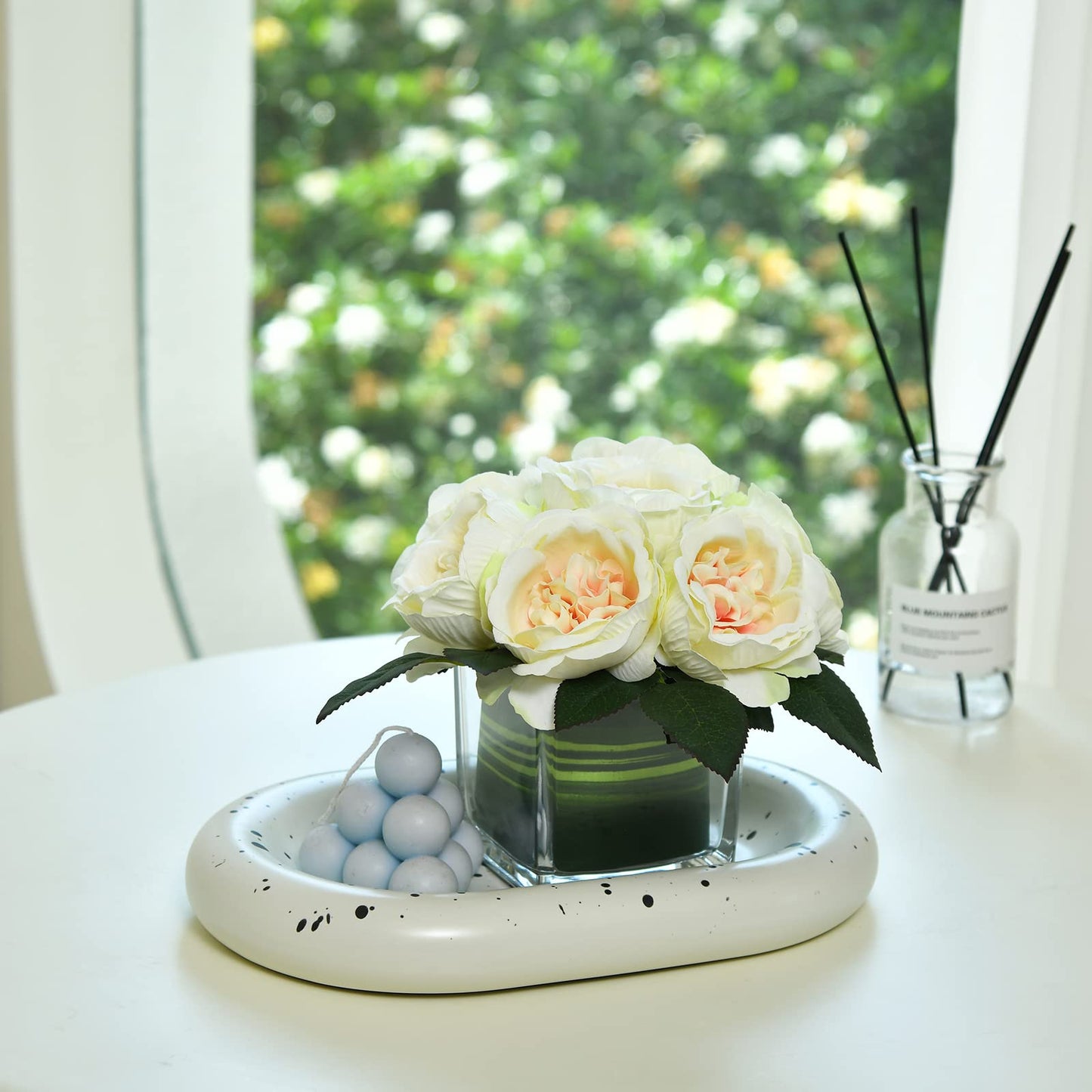 GreenHouzz Artificial Peony Silk Flower Centerpieces Faux Floral Arrangement in Glass Vase for Home Wedding Table Decoration (Champagne)