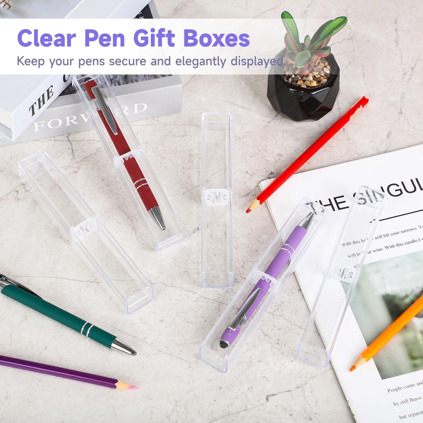 OMISTAR 40 Pcs Pen Gift Boxes, Clear Acrylic Pen Cases Reusable Pen Storage Containers Transparent Plastic Pencil Display Boxes, Empty Single Pen Holders for School Office Gift Packaging